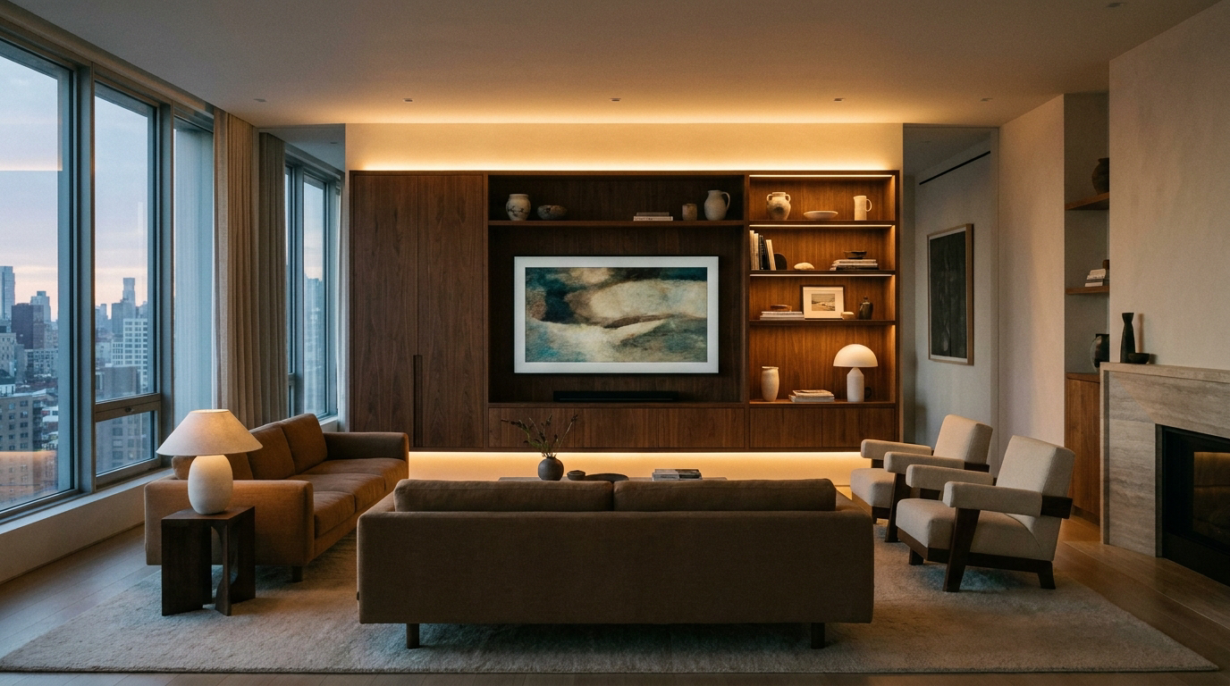 Modern living room with an elegant walnut media wall