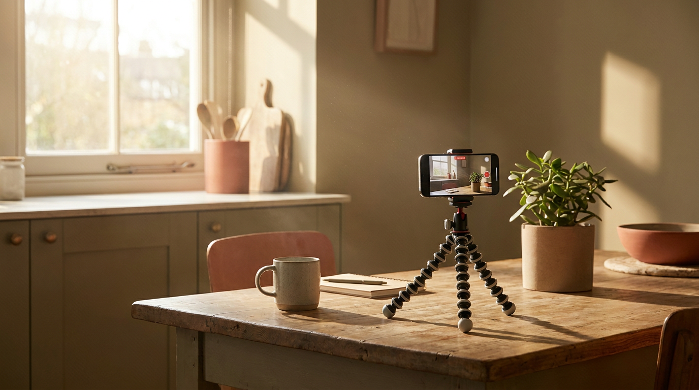 A phone on a tripod filming in a warm home studio