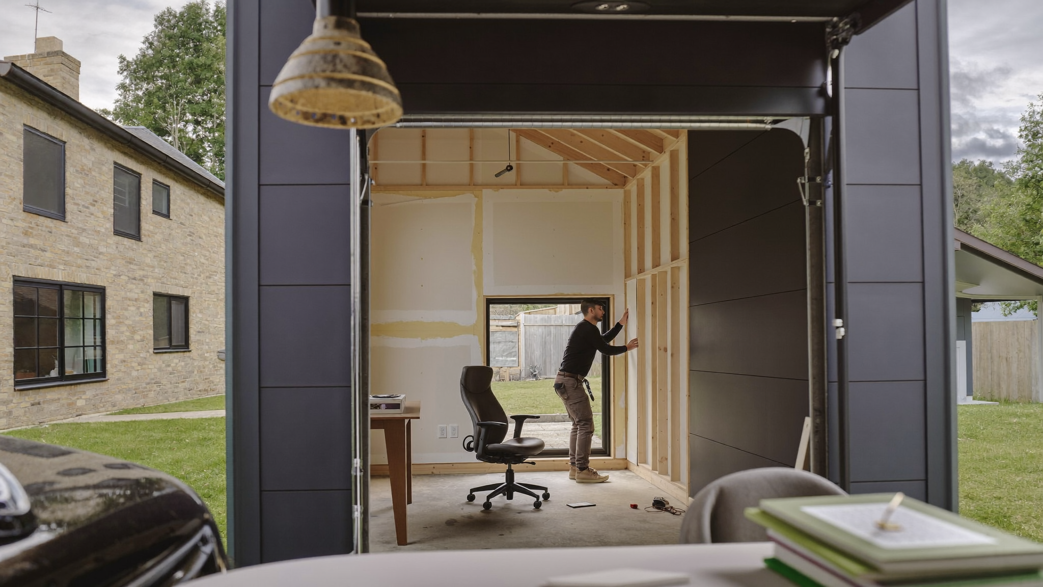 Garage being converted into a bright home office