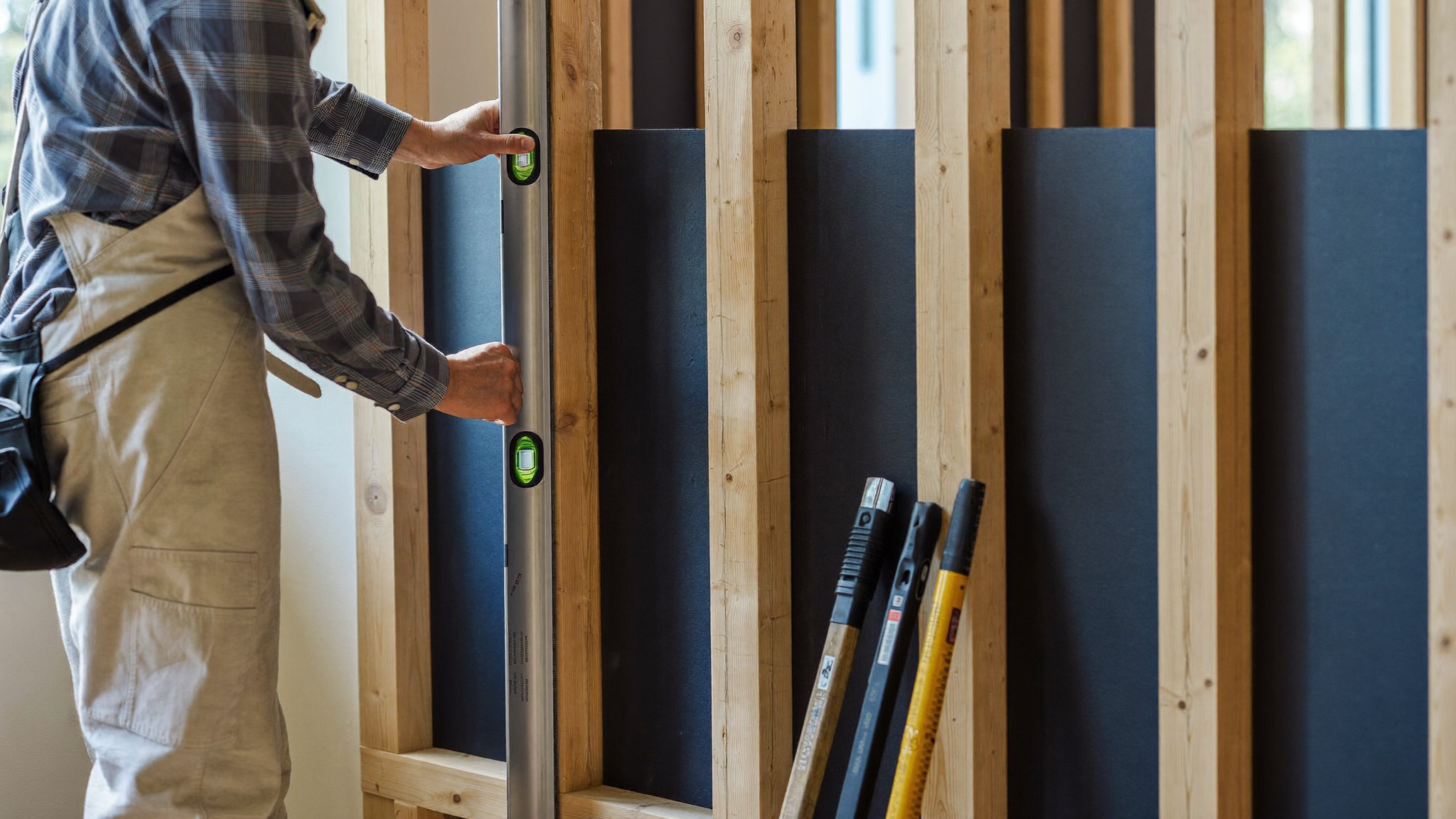 Joiner building a stud wall inside a home
