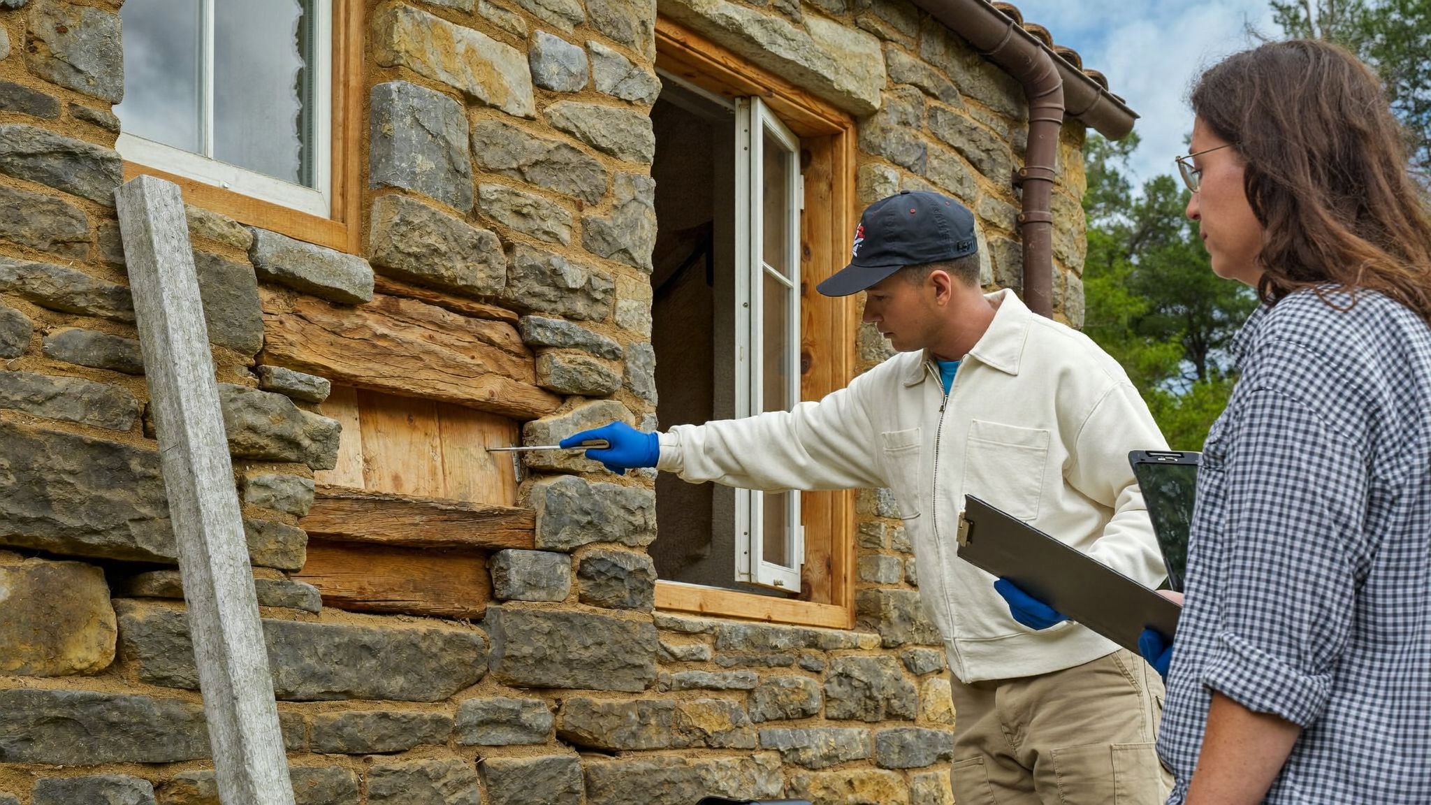 Surveyor and joiner inspecting a rotted window sill with the homeowner