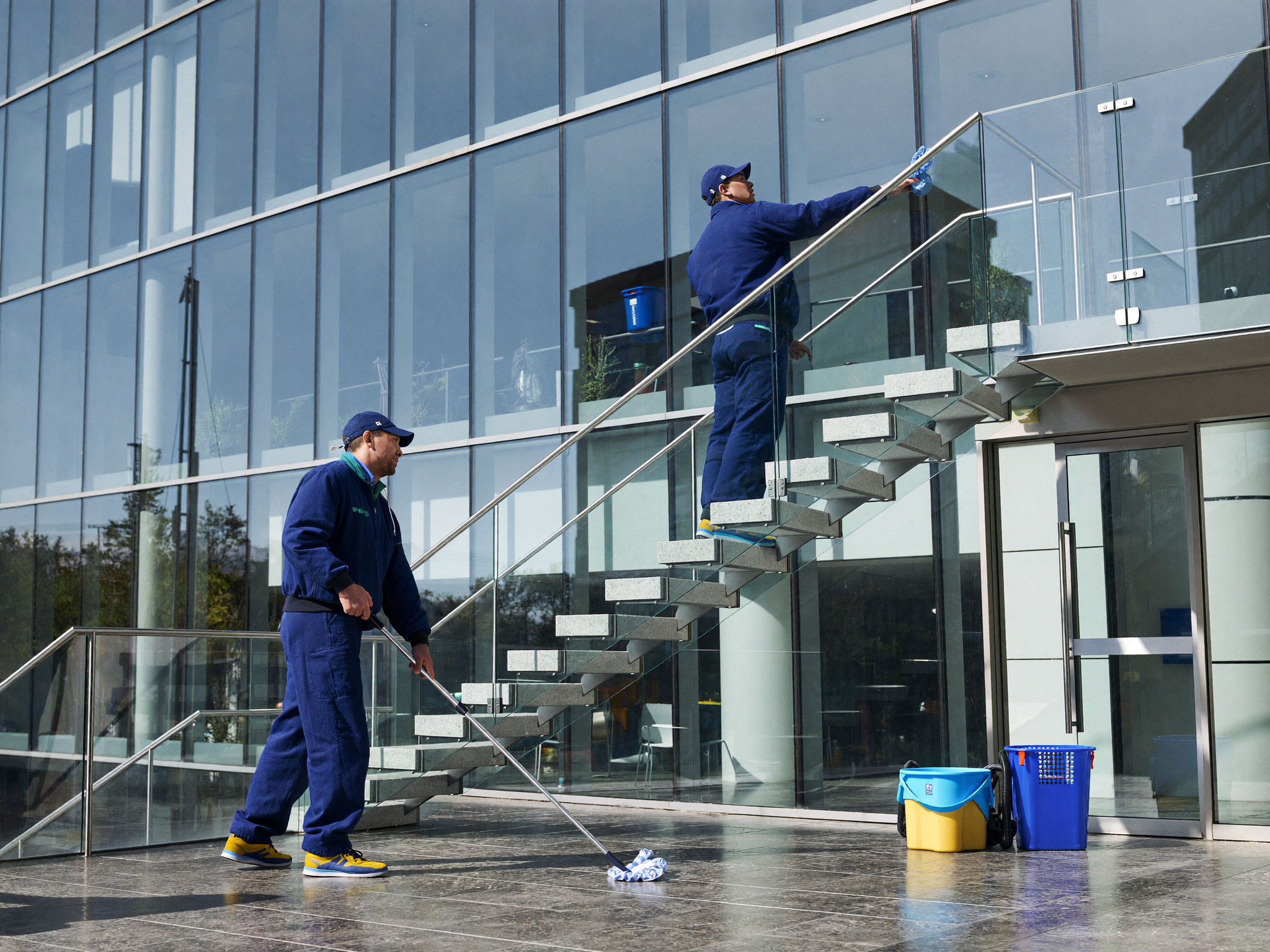 Zwei Reinigungskräfte bei der Arbeit im Treppenhaus