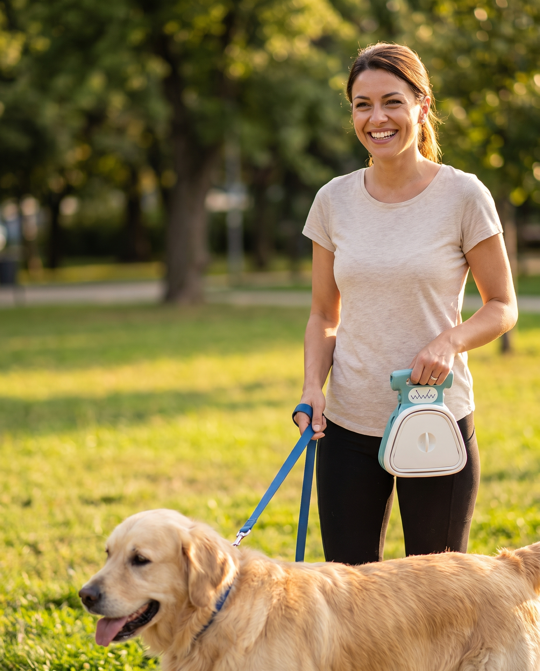 Mujer paseando feliz con su perro usando el recogedor