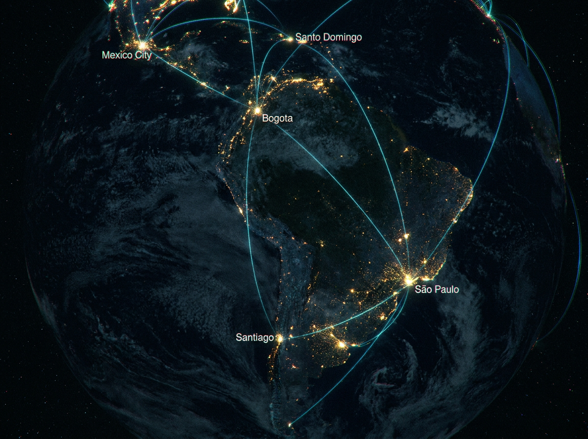 Latin America at night, connected by a network of data signals