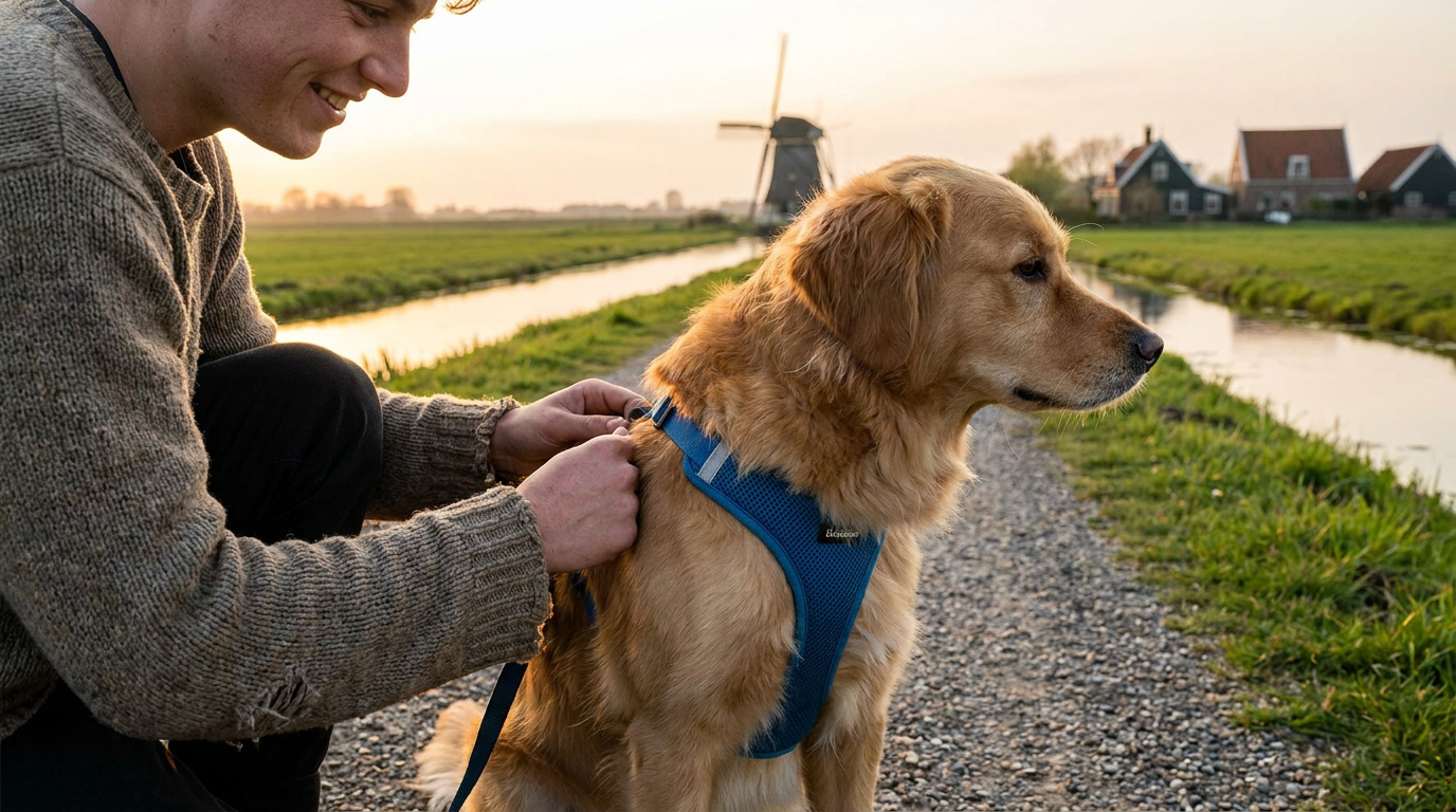 Dog owner adjusting a blue padded harness strap on a dog beside a canal in the Netherlands