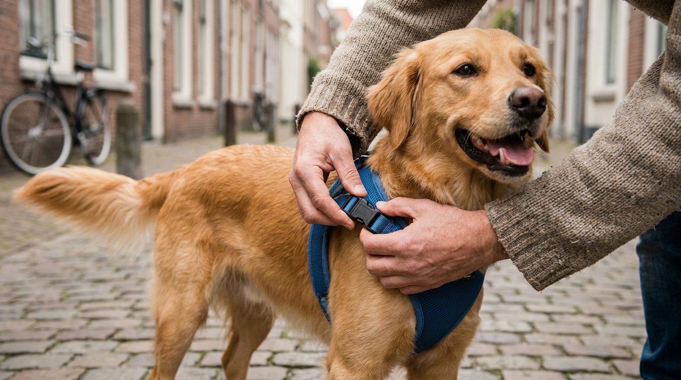 Close-up of hands fastening the chest strap buckle on a dog harness