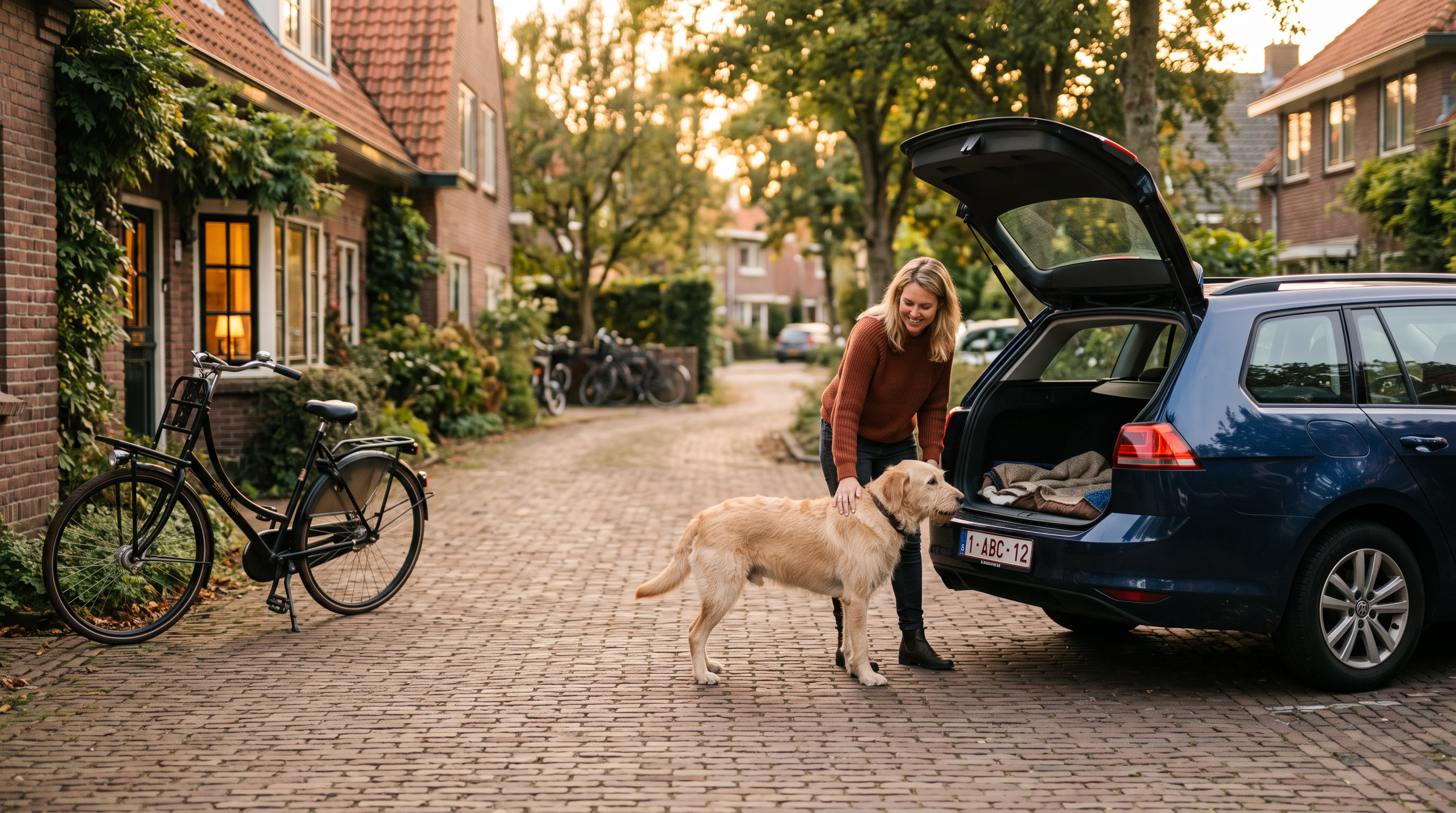 Owner helping a dog toward the open boot of a car parked on a residential street