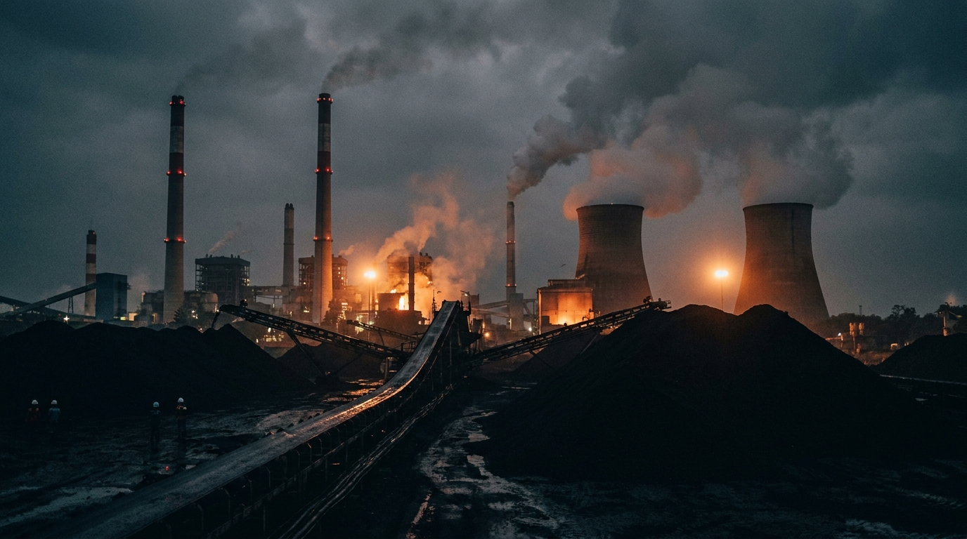 A captive coal-fired power plant beside a nickel smelter at night
