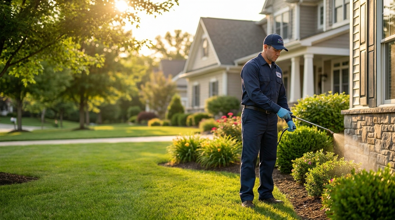 Eagle Revolution pest-control technician treating a home exterior