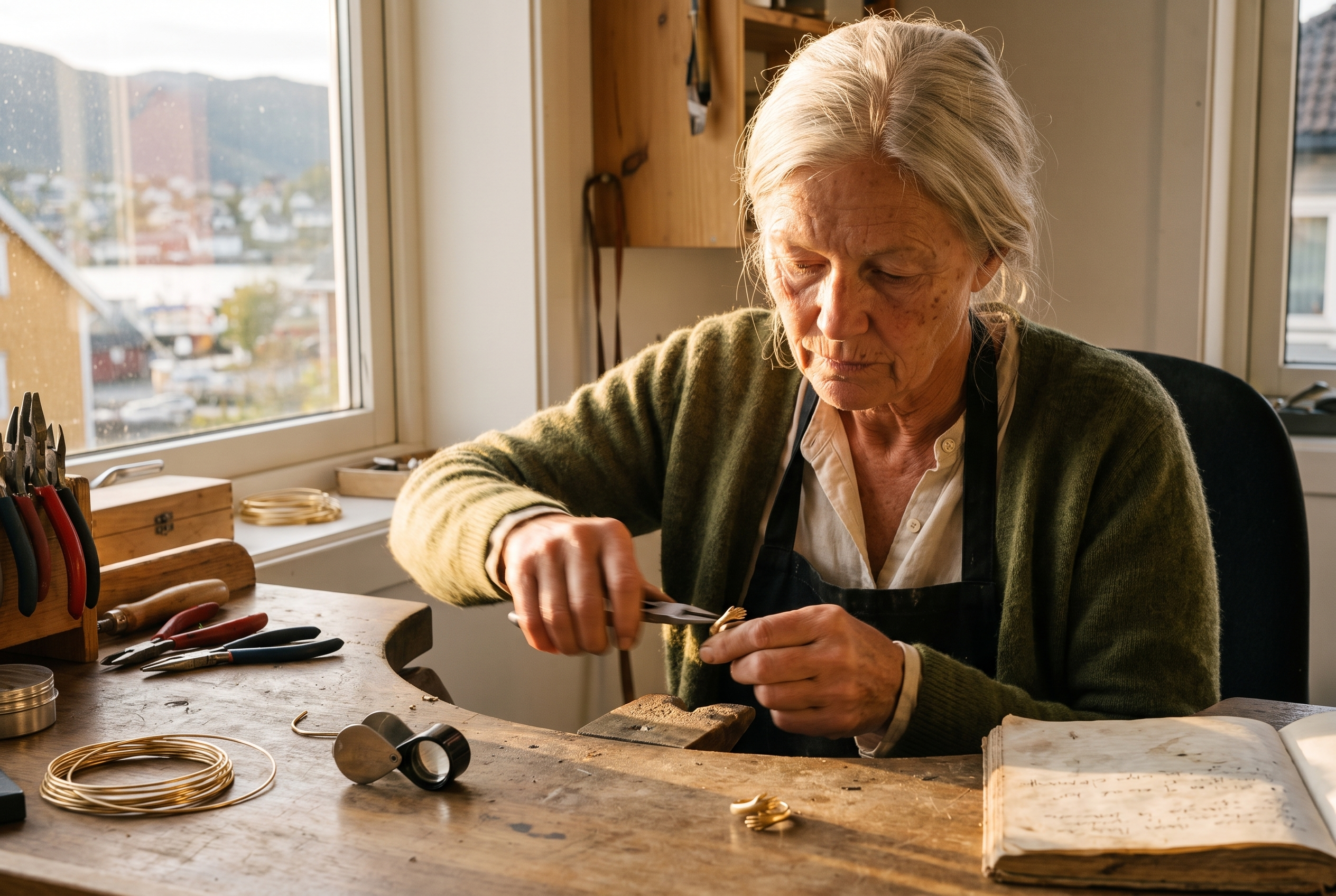 Astrid Voll ved arbeidsbenken i verkstedet sitt i Ålesund