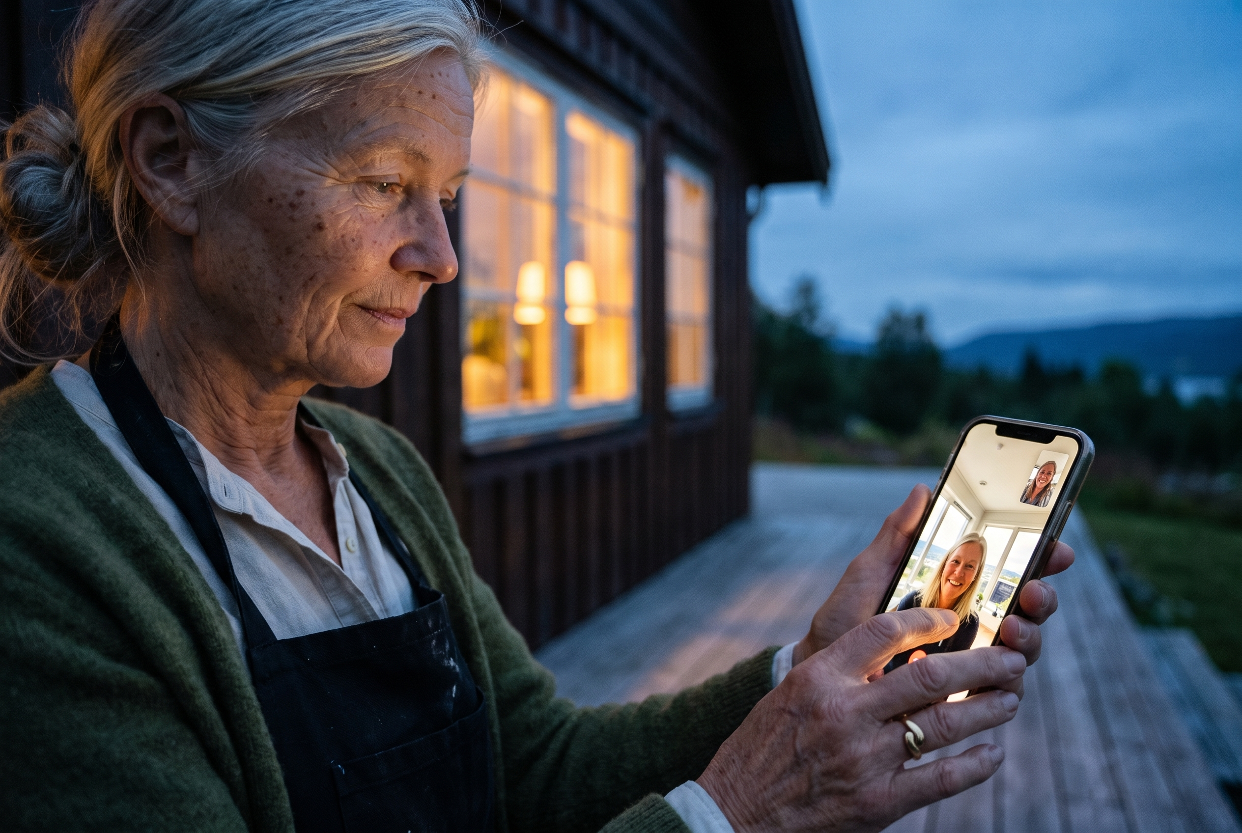 Astrid på verandaen i Norge om kvelden, ser på en videosamtale med datteren som smiler fra en lys leilighet i utlandet