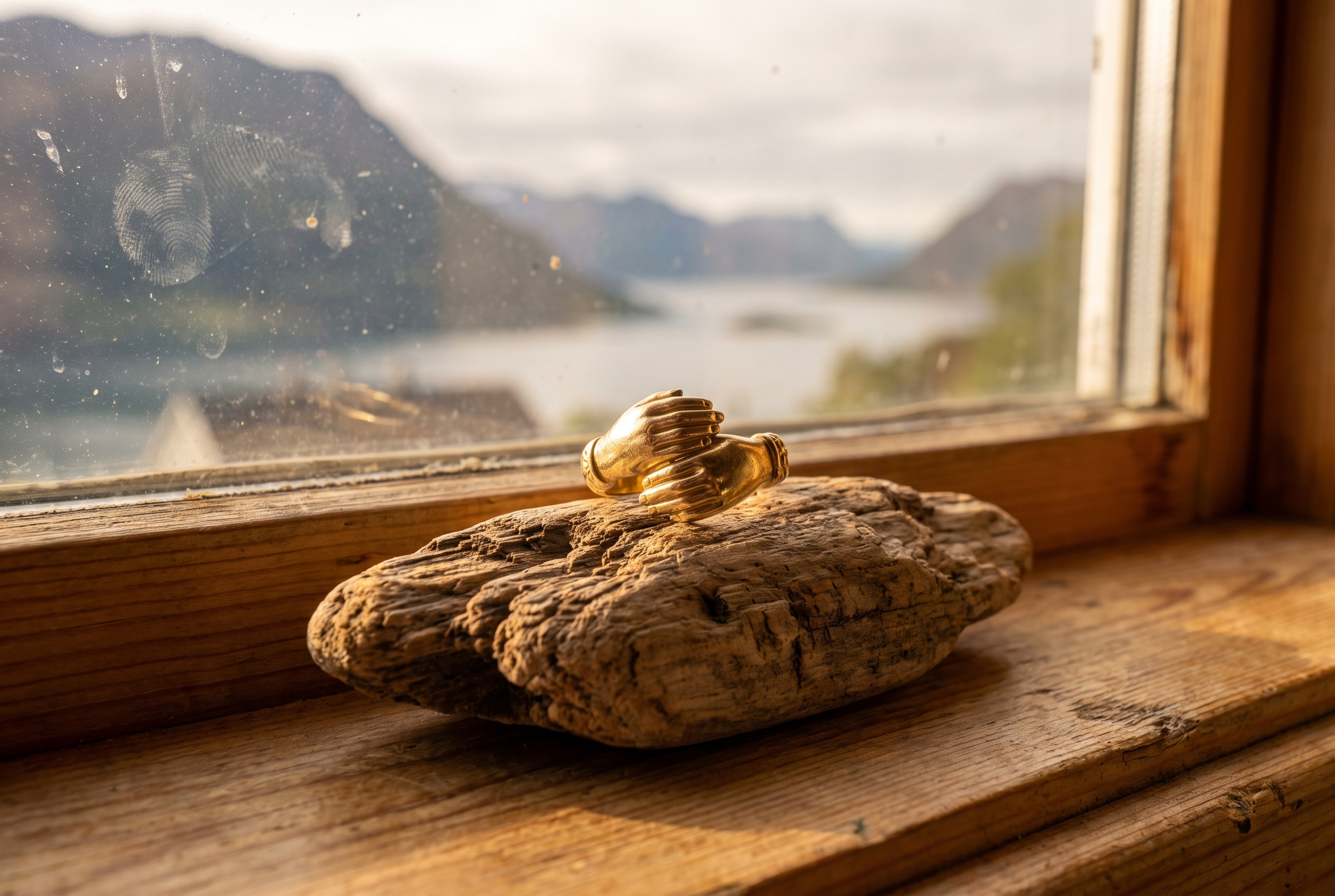 Nærbilde av en elegant gullring formet som to hender i klem, plassert på en trebit ved et vindu med utsikt over en norsk fjord
