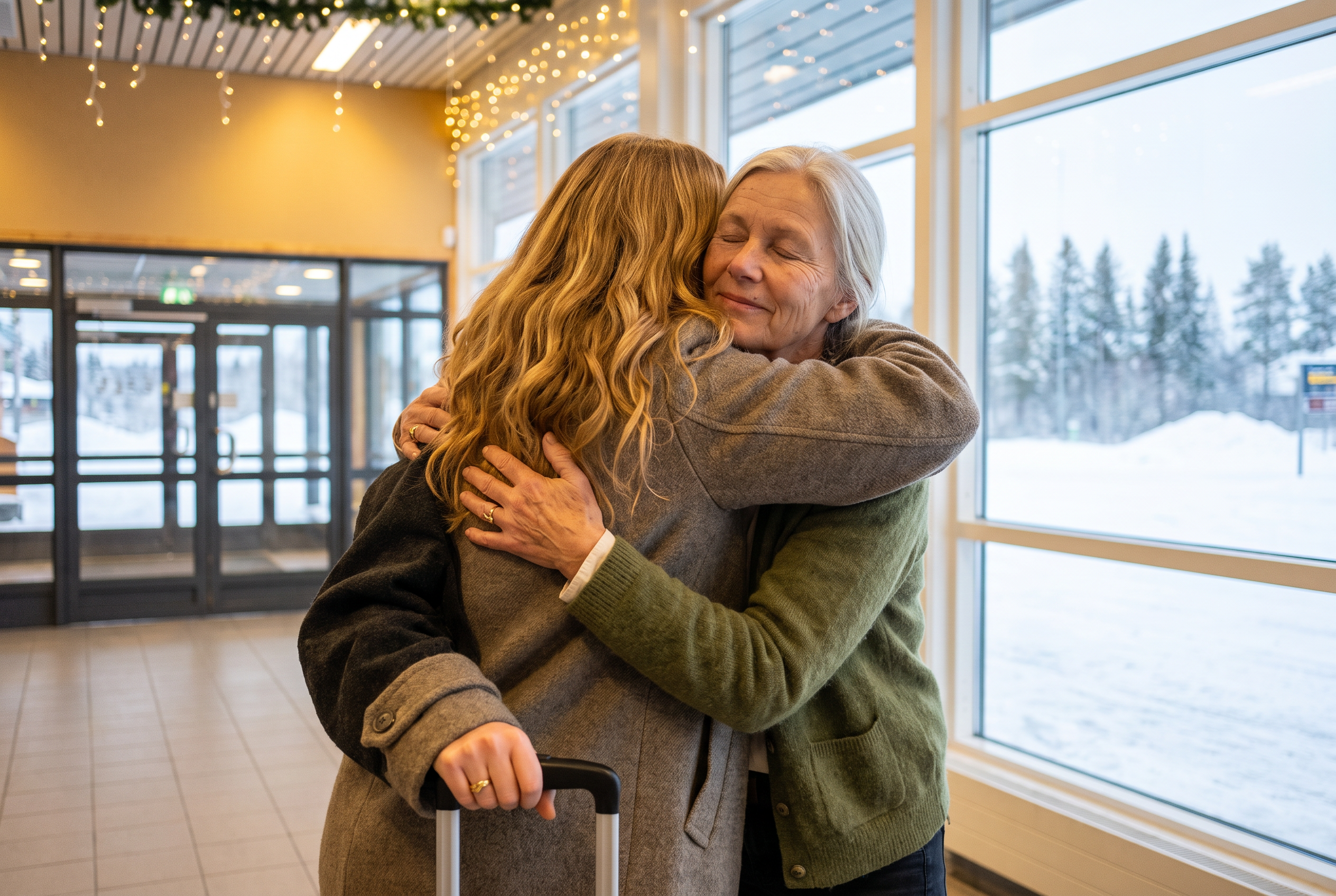 Astrid og Sunniva klemmer hverandre i ankomsthallen på en norsk flyplass i desember, med julelys i taket