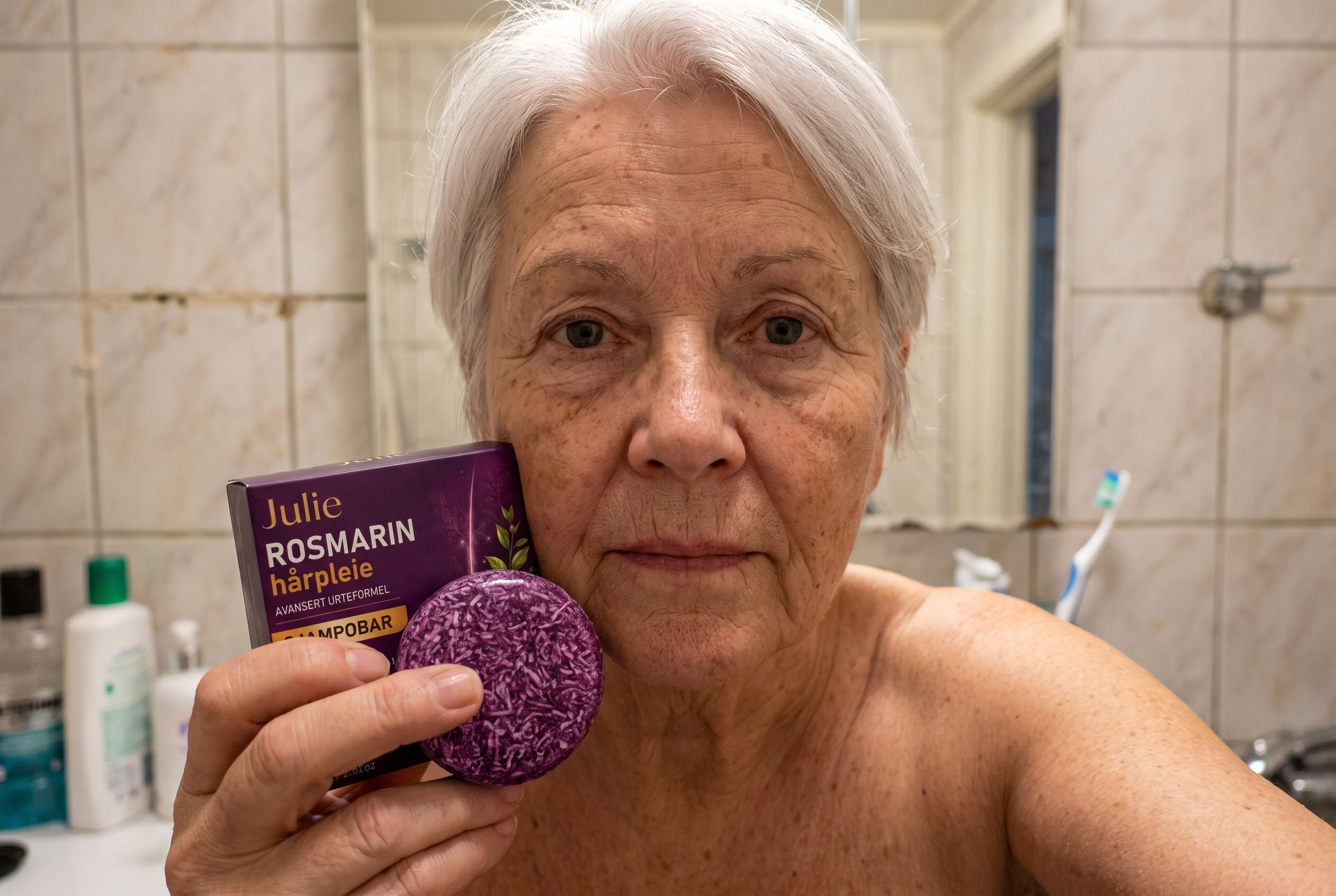 Eldre norsk kunde tar selfie med Julie Rosmarin Sjampobar i badet