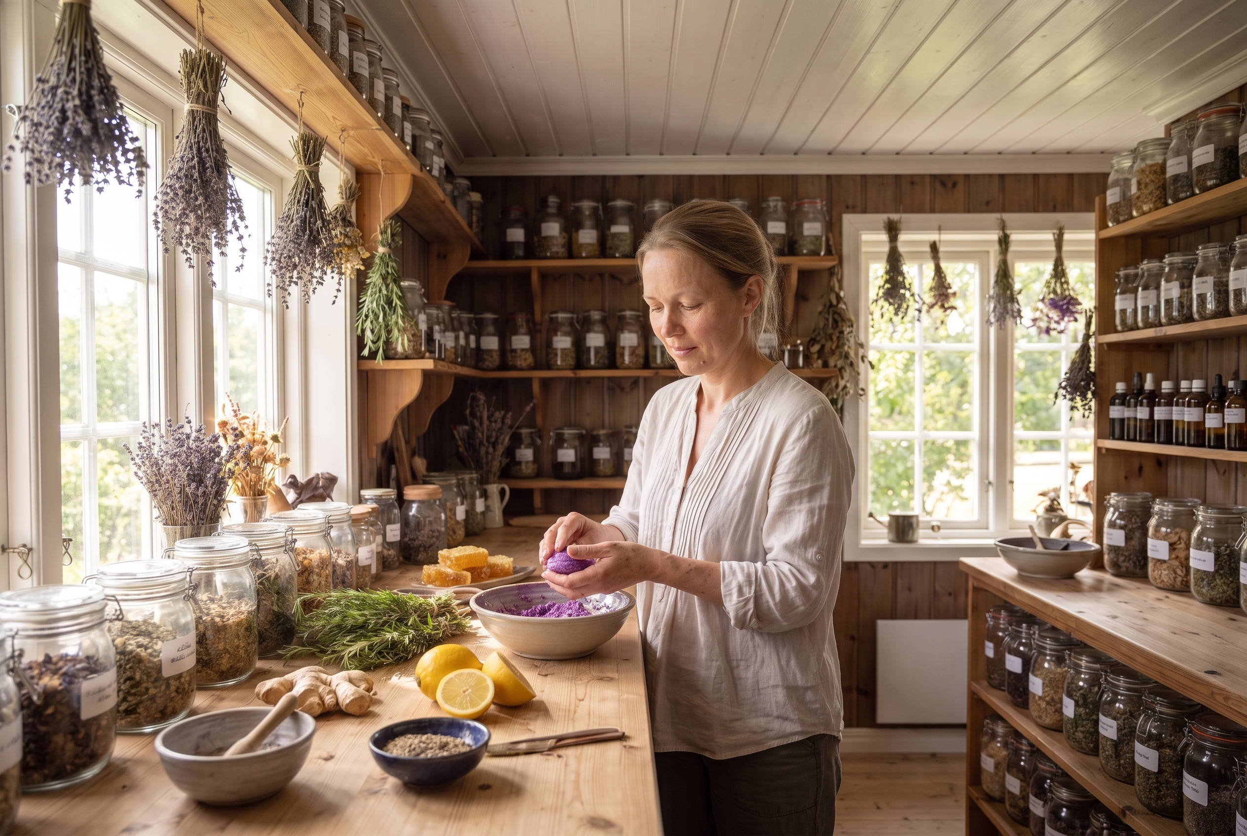 Julie former sjampobarene for hånd i urteverkstedet sitt