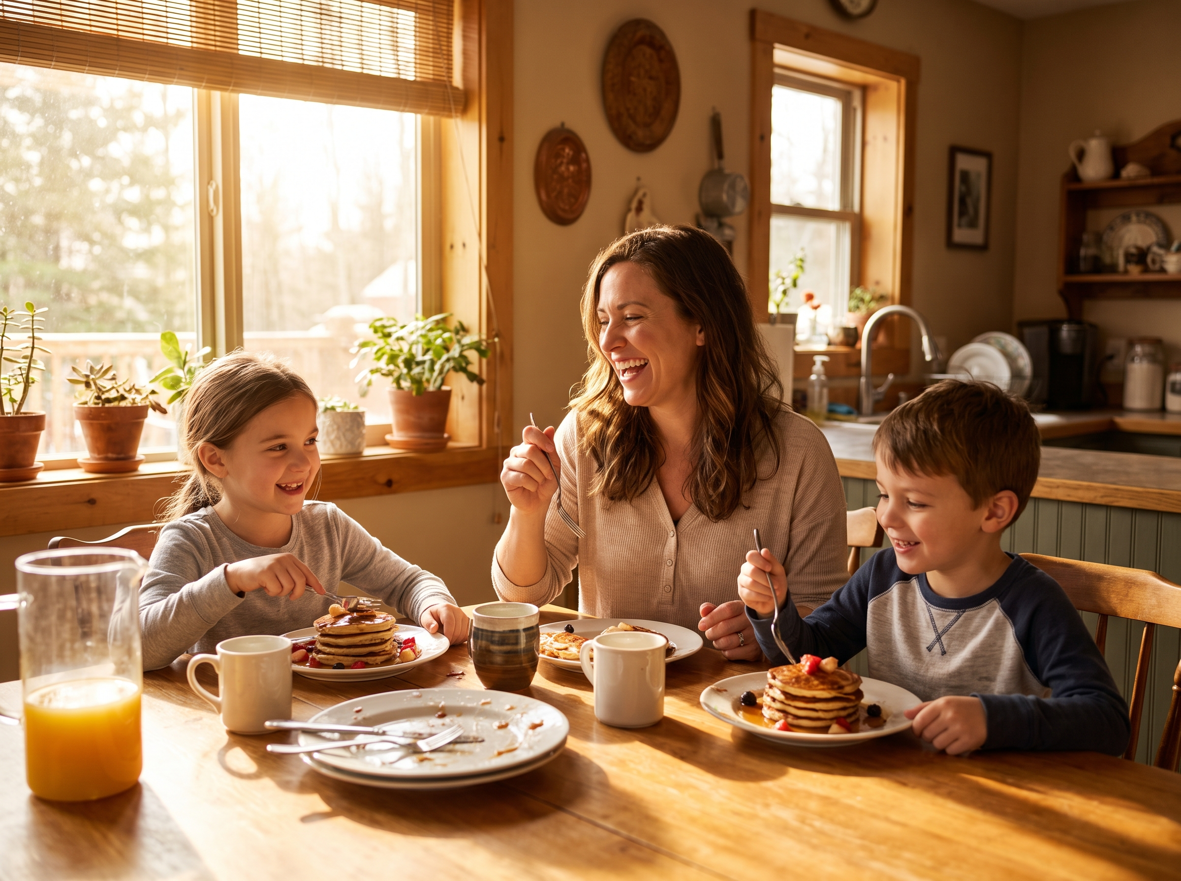 A mother fully present and laughing with her children over breakfast