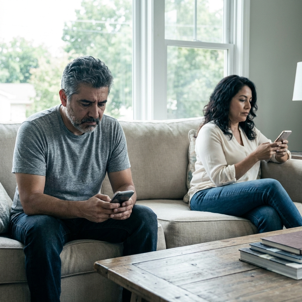 Antes: pareja distante en el sofá, cada uno con su teléfono