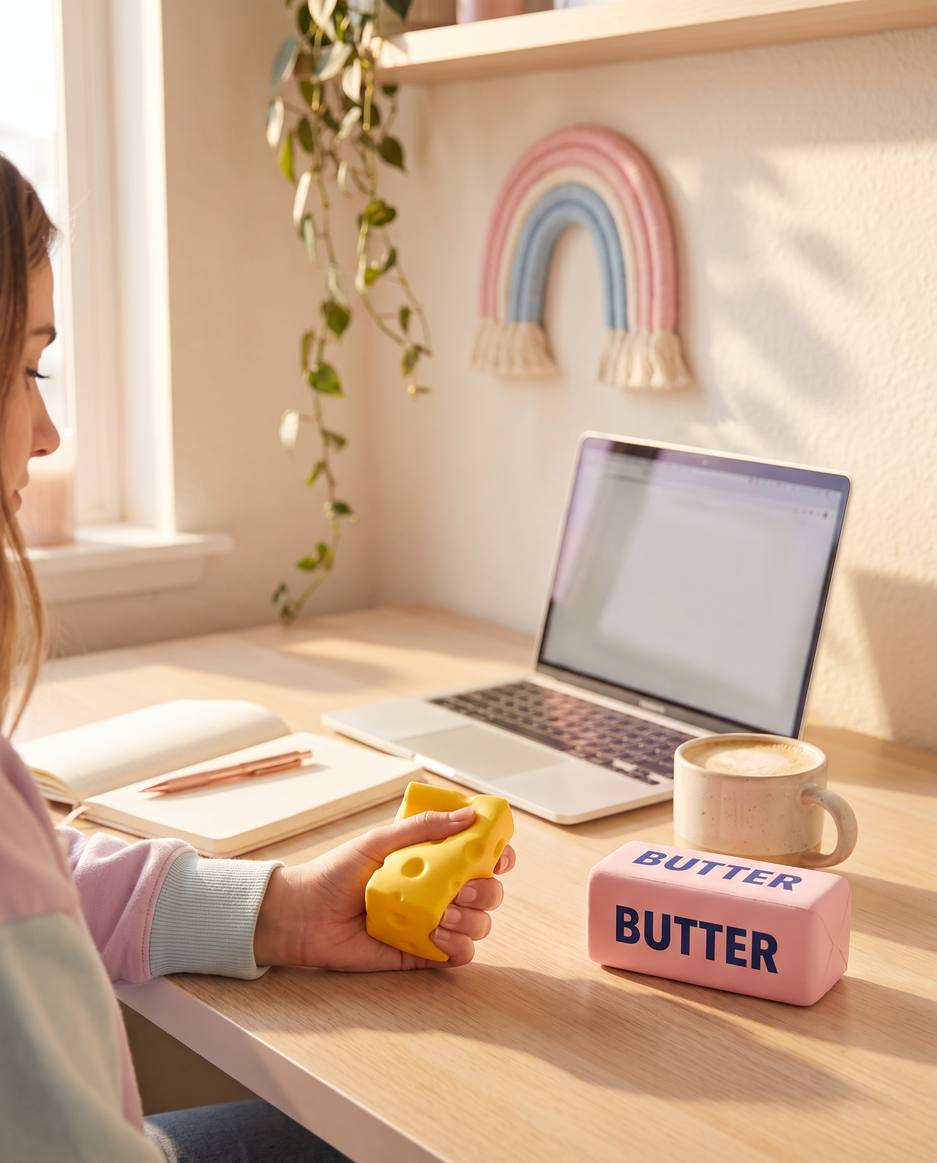 A hand squeezing a squishy cheese cube fidget on a sunlit desk beside a laptop, notebook, and pastel decor
