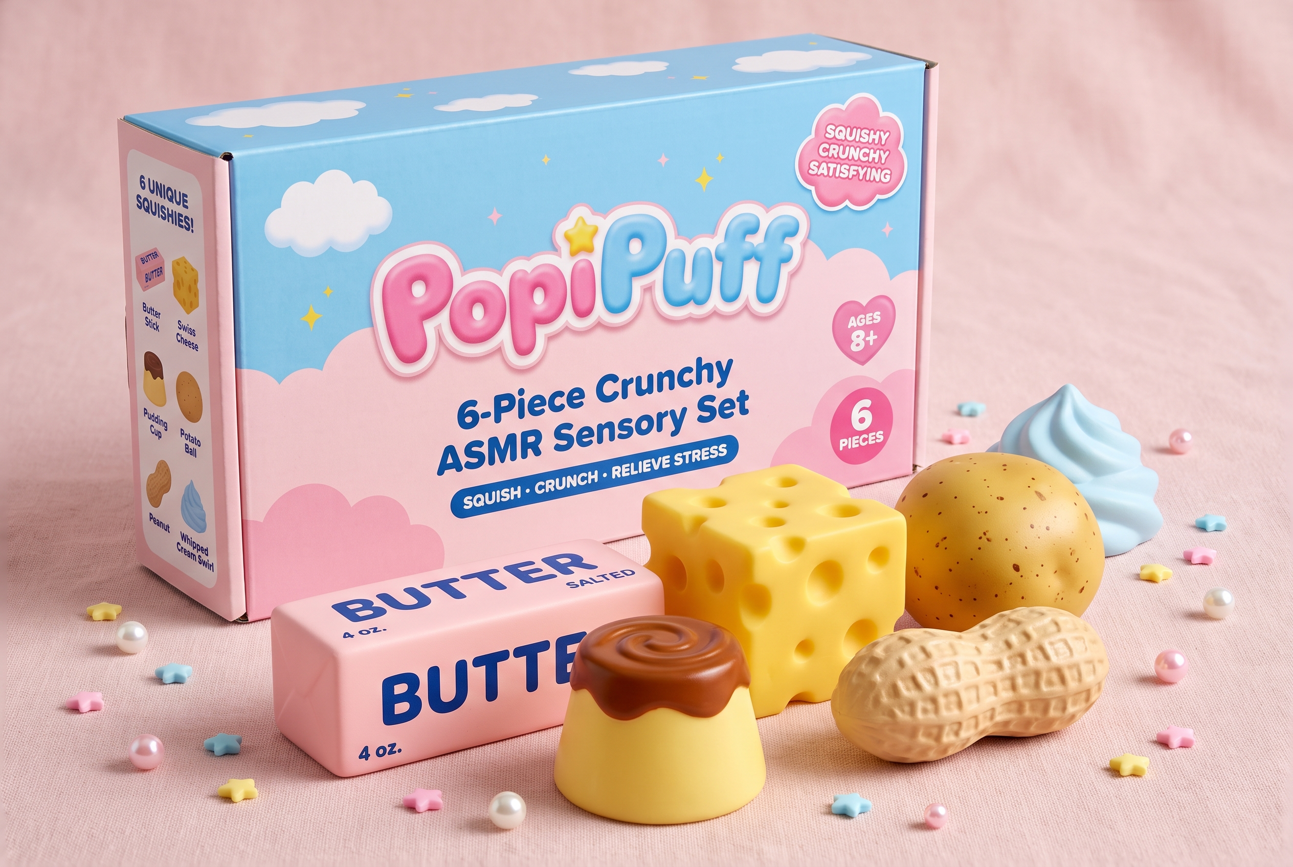 All six PopiPuff squishy fidget toys arranged in front of the pastel PopiPuff gift box