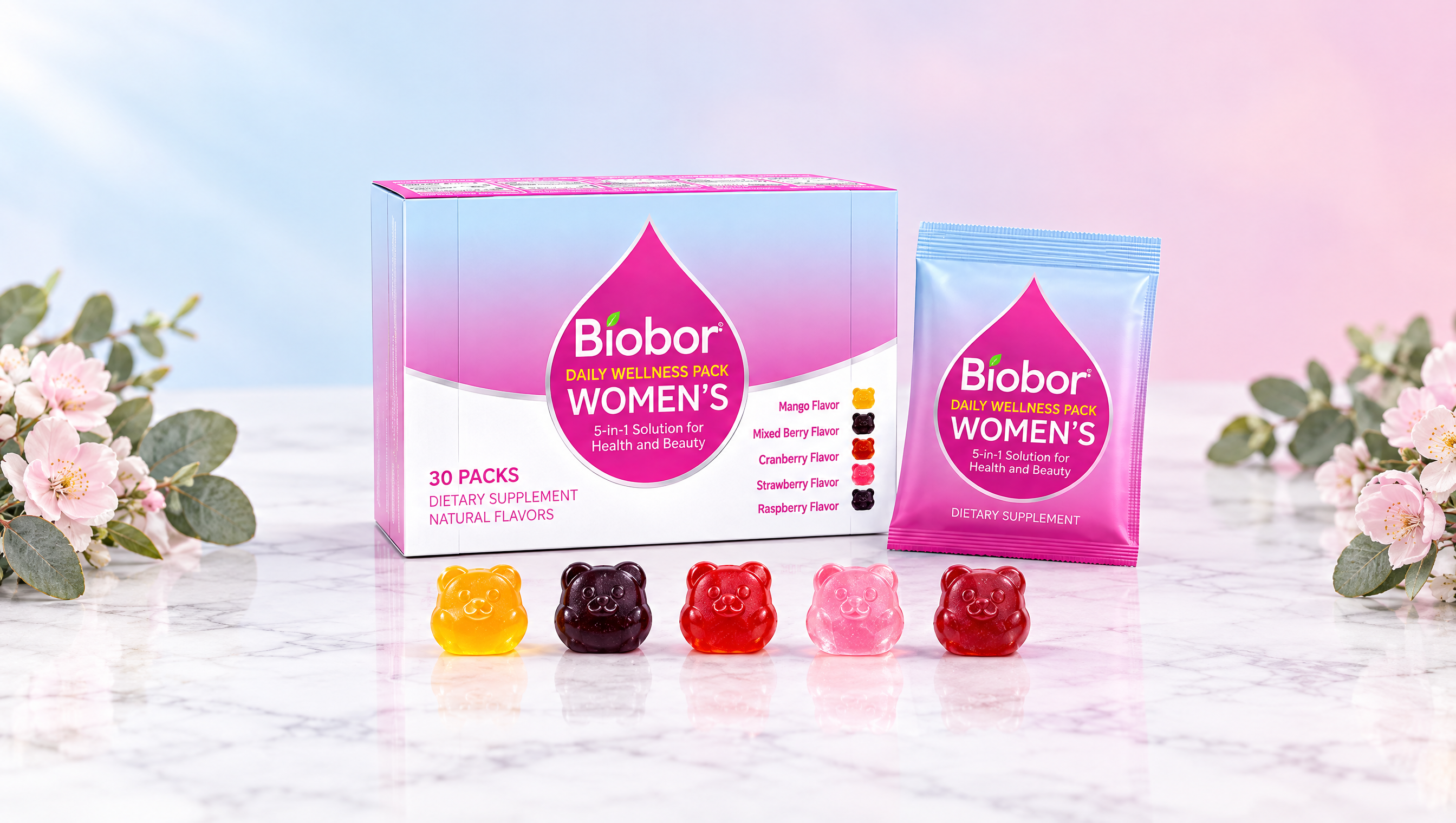 Biobor Women's Daily Wellness Pack box, sachet and five gummies on marble