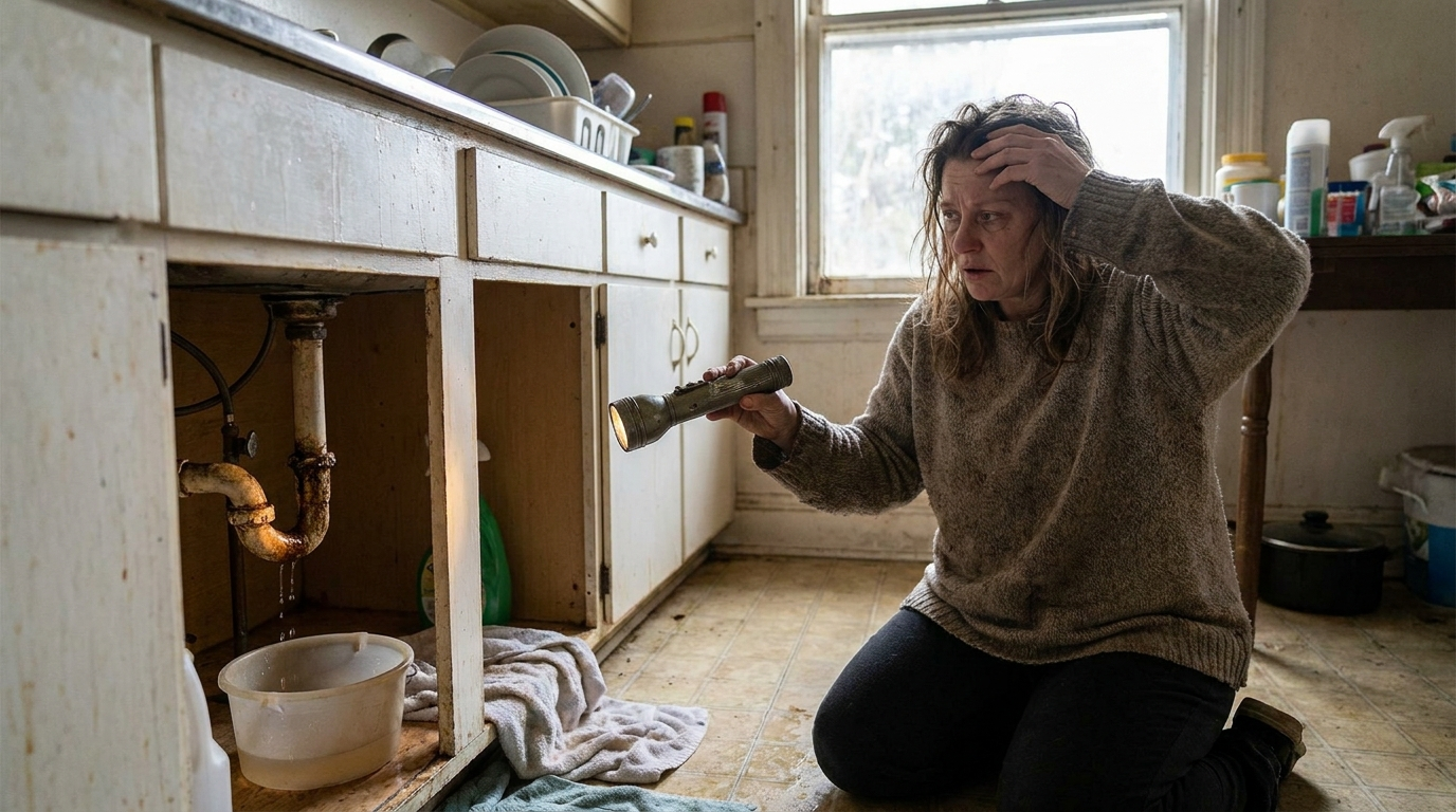 stressed homeowner discovering a leak that a $1000 emergency fund is meant to cover