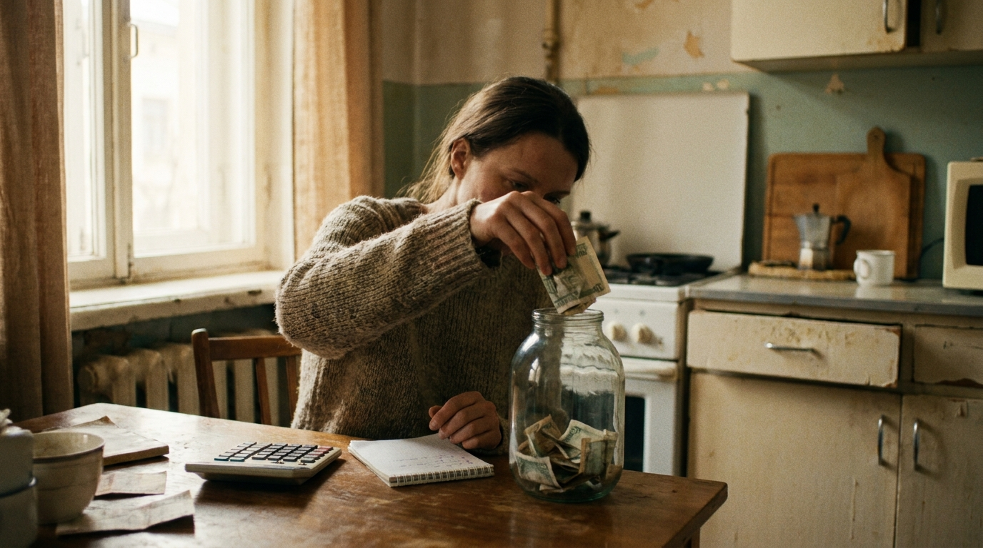 tracking progress toward a $1000 emergency fund with cash and a notebook at the kitchen table