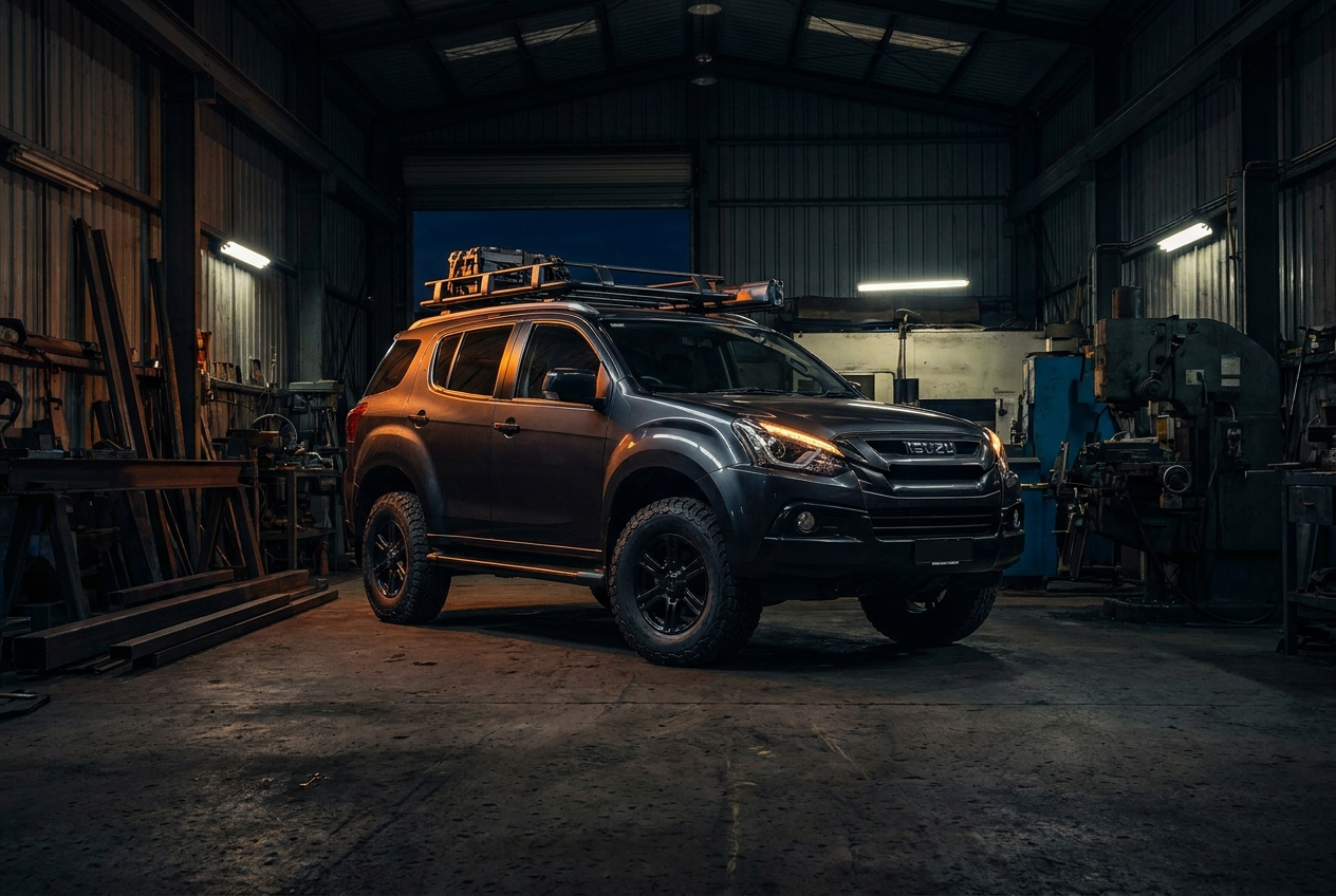Modified Isuzu MU-X mid-size SUV with roof rack and all-terrain tyres