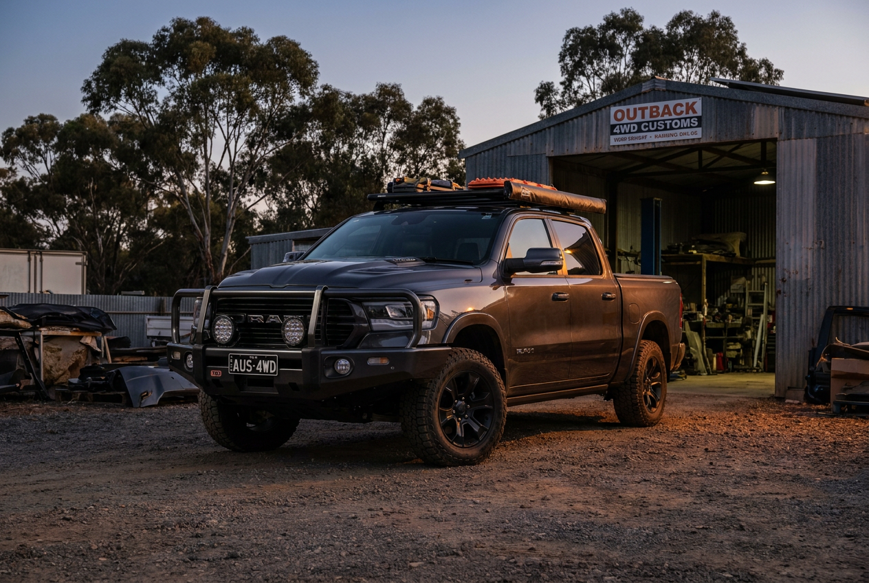 RAM 1500 pickup truck fitted with bullbar and off-road tyres at an Australian 4WD workshop