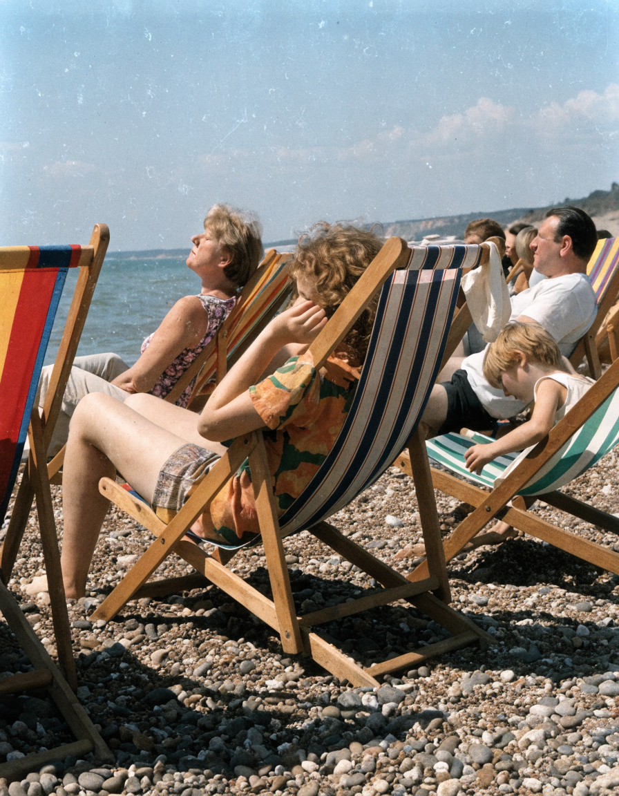 Faded 1970s photograph of families in deckchairs on a British beach