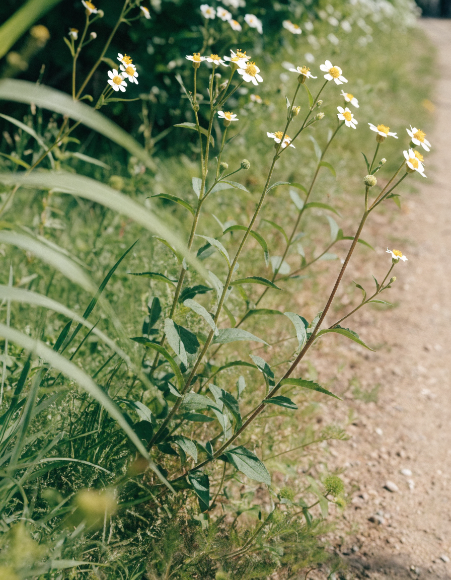 Small white Bidens pilosa wildflowers growing in rough grass