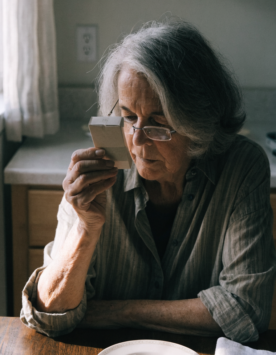 A woman in her sixties in reading glasses studying a carton closely
