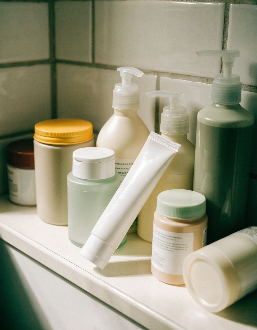 A cluttered bathroom shelf of mismatched cream jars, tubes and bottles