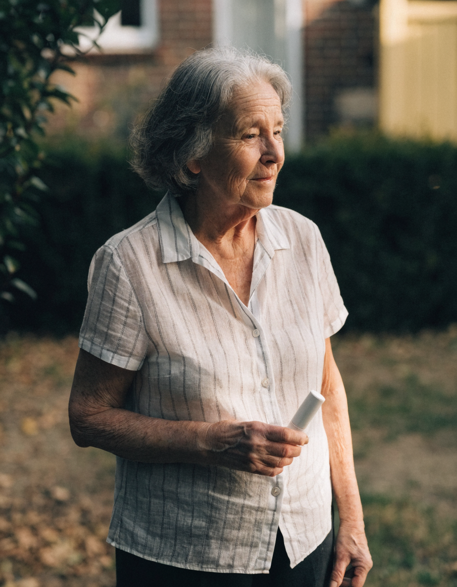 A woman in her late sixties in a garden, short sleeves, forearms bare, holding a cream tube
