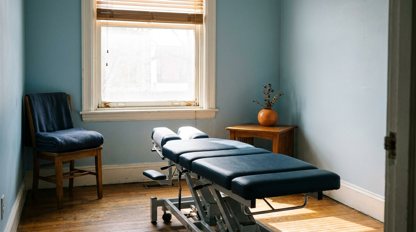 A flexion-distraction chiropractic treatment table in an empty, sunlit treatment room with navy and warm orange accents