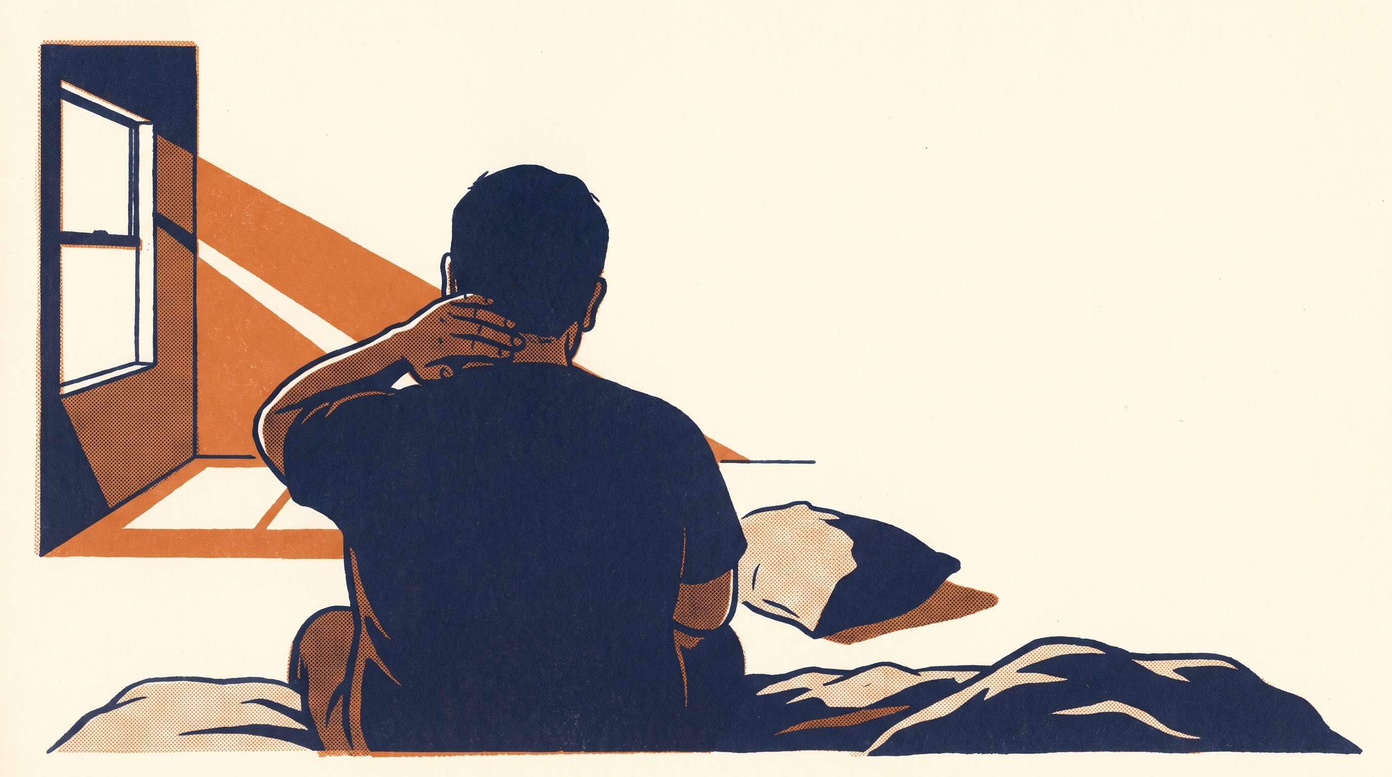 Risograph-style illustration in navy and burnt orange on cream: an older man seen from behind, cropped above the shoulders, sitting on the edge of an unmade bed at dawn with one hand pressed to the side of his neck.