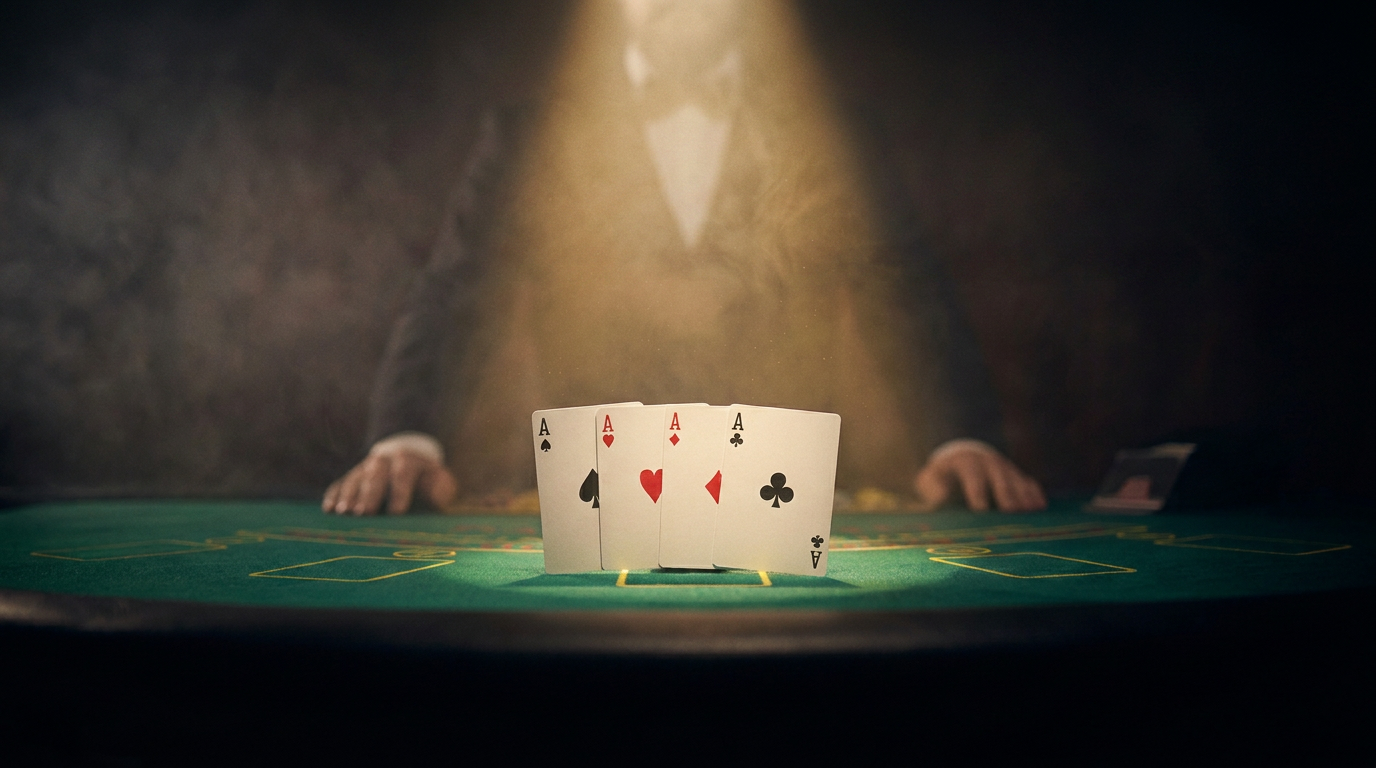 Four aces standing in a fan on a green felt card table under a single cone of golden light, with a dealer silhouetted behind