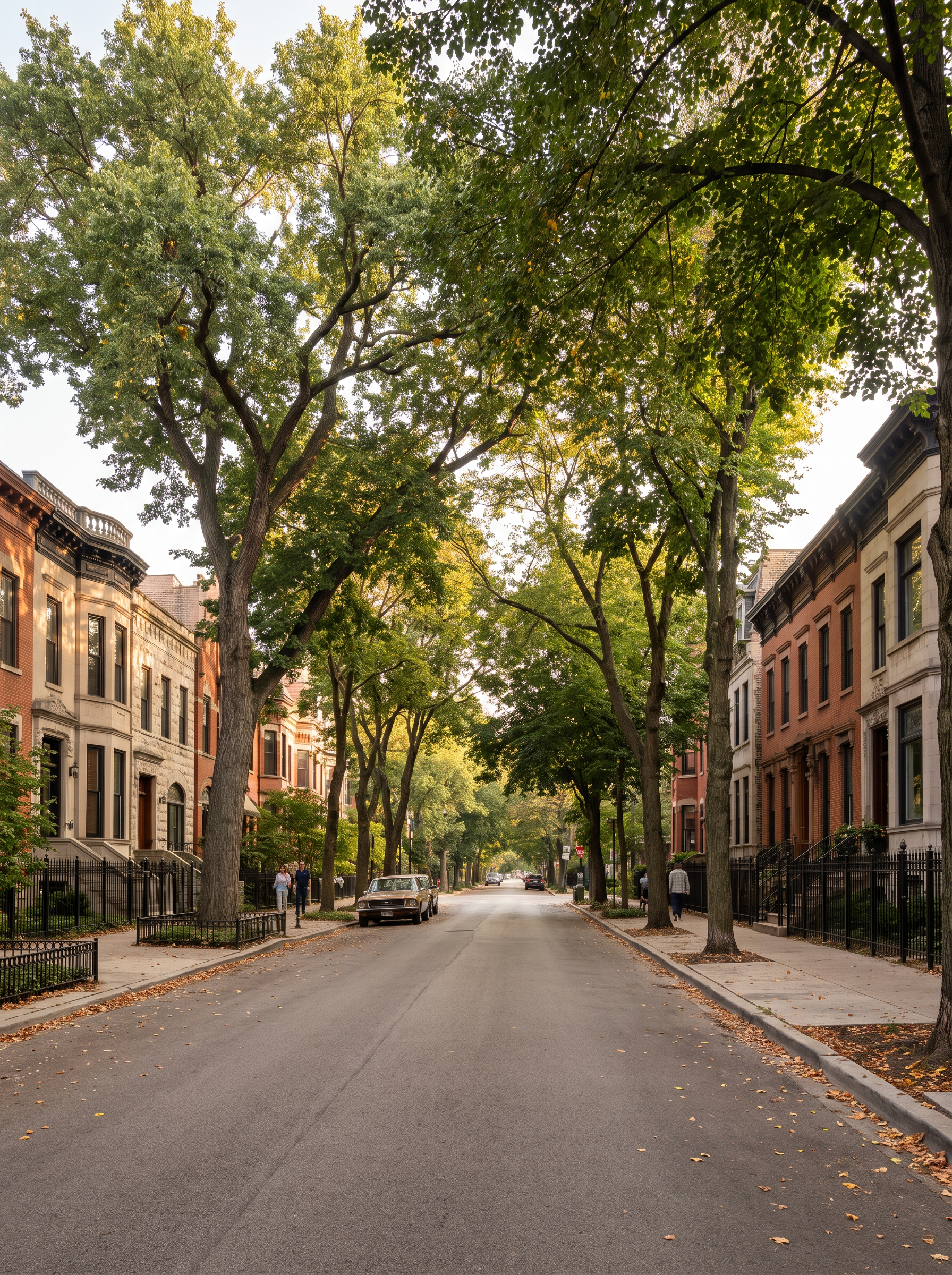 Tree-lined brownstone street in Lincoln Park, Chicago