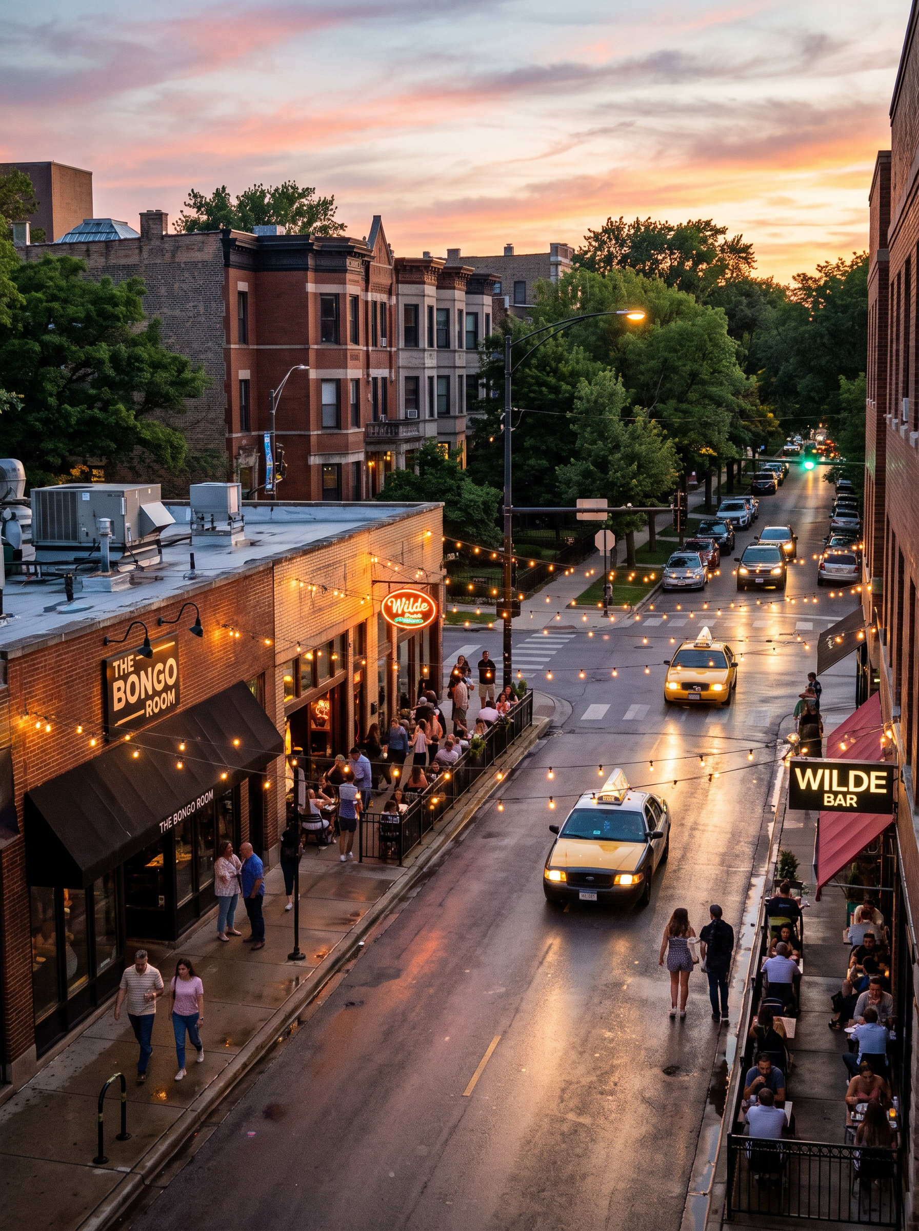 Vibrant Lakeview Chicago street at dusk
