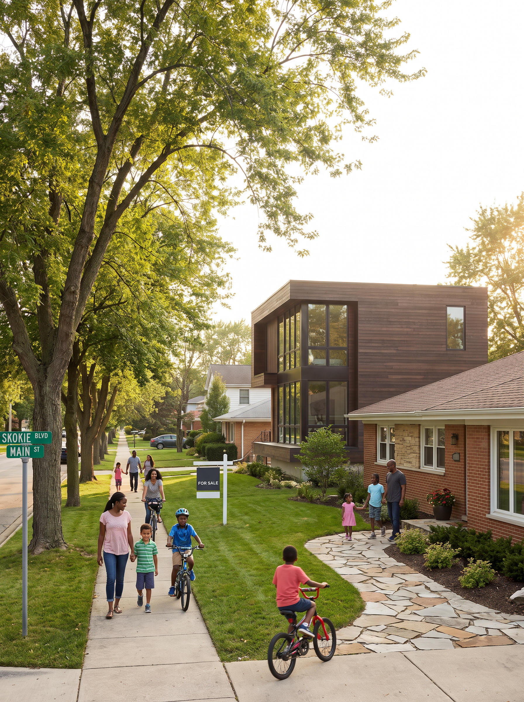 Diverse suburban street in Skokie Illinois