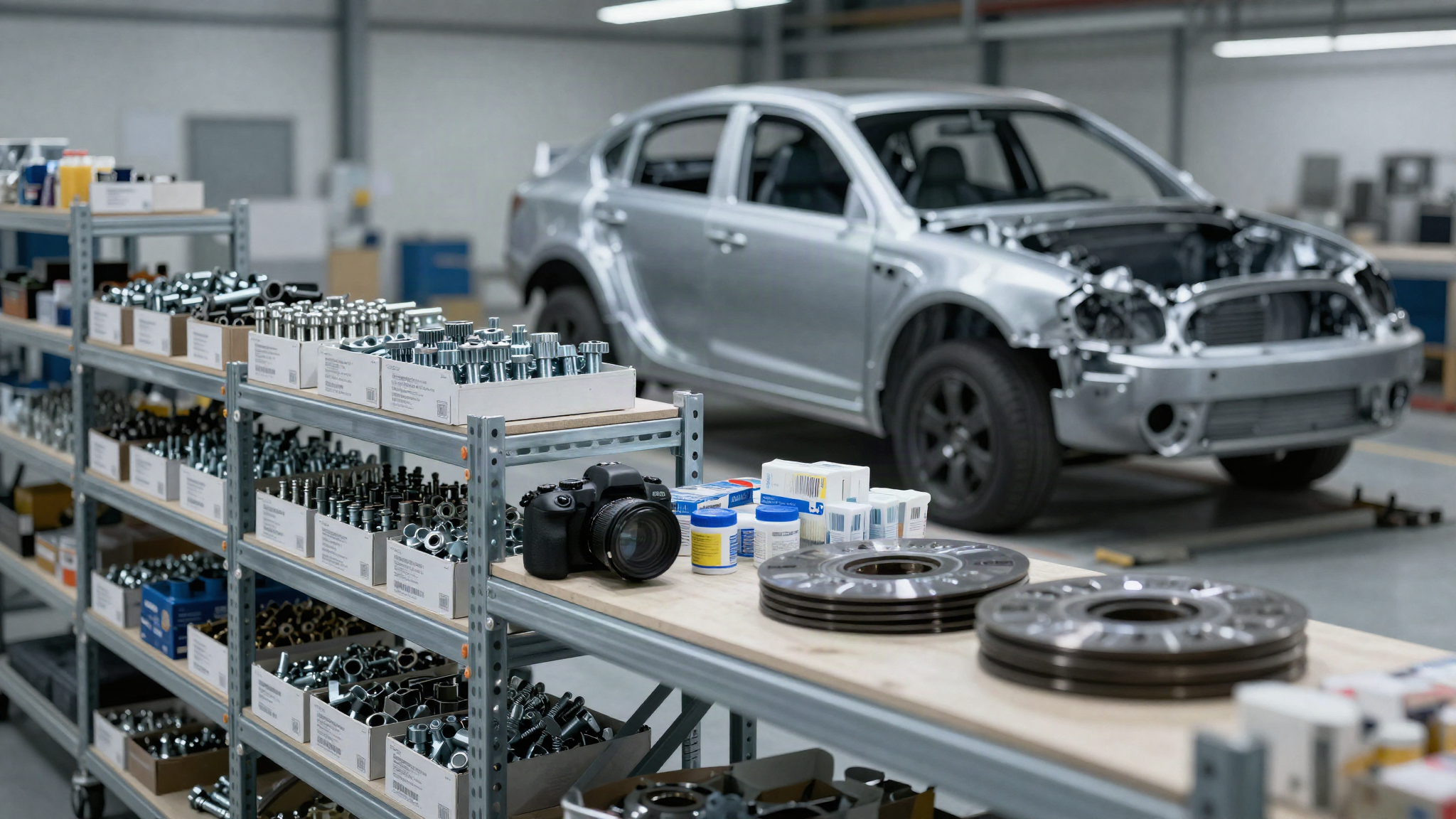 Área de abastecimiento de una planta automotriz con estanterías de fijaciones e insumos industriales