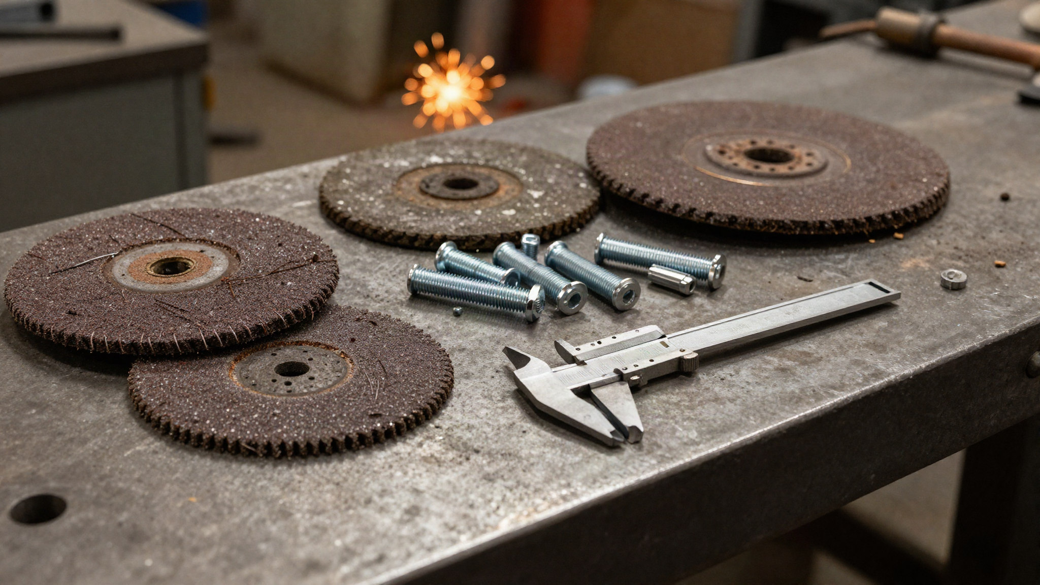 Discos abrasivos, bulonería y calibre sobre un banco de taller metalmecánico