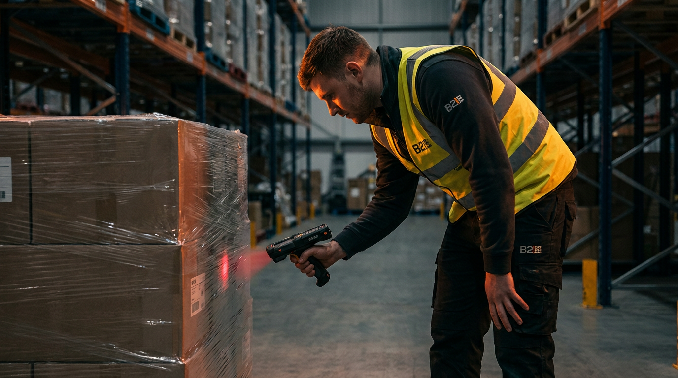 Logistikmitarbeiter scannt eine Palette im Lager