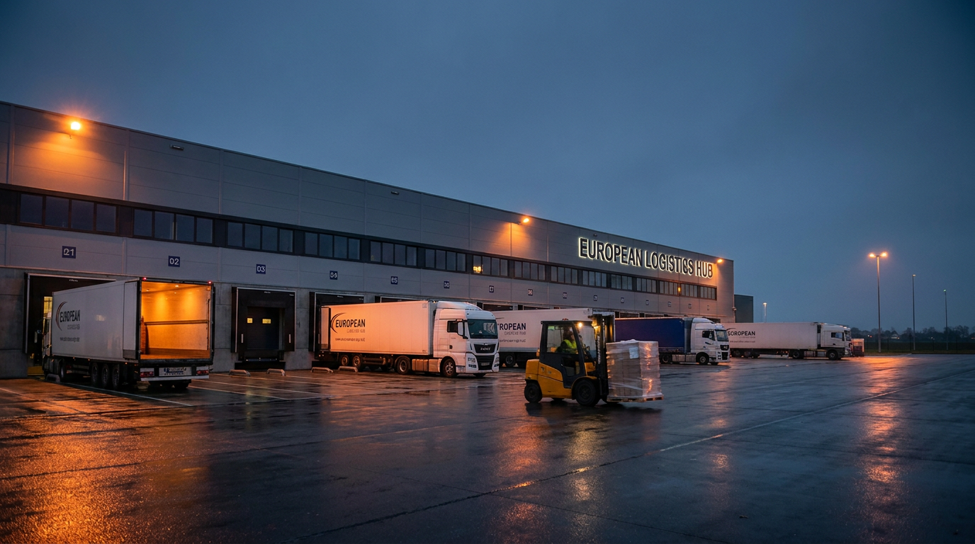 Laderampe eines europäischen Logistikzentrums bei Dämmerung