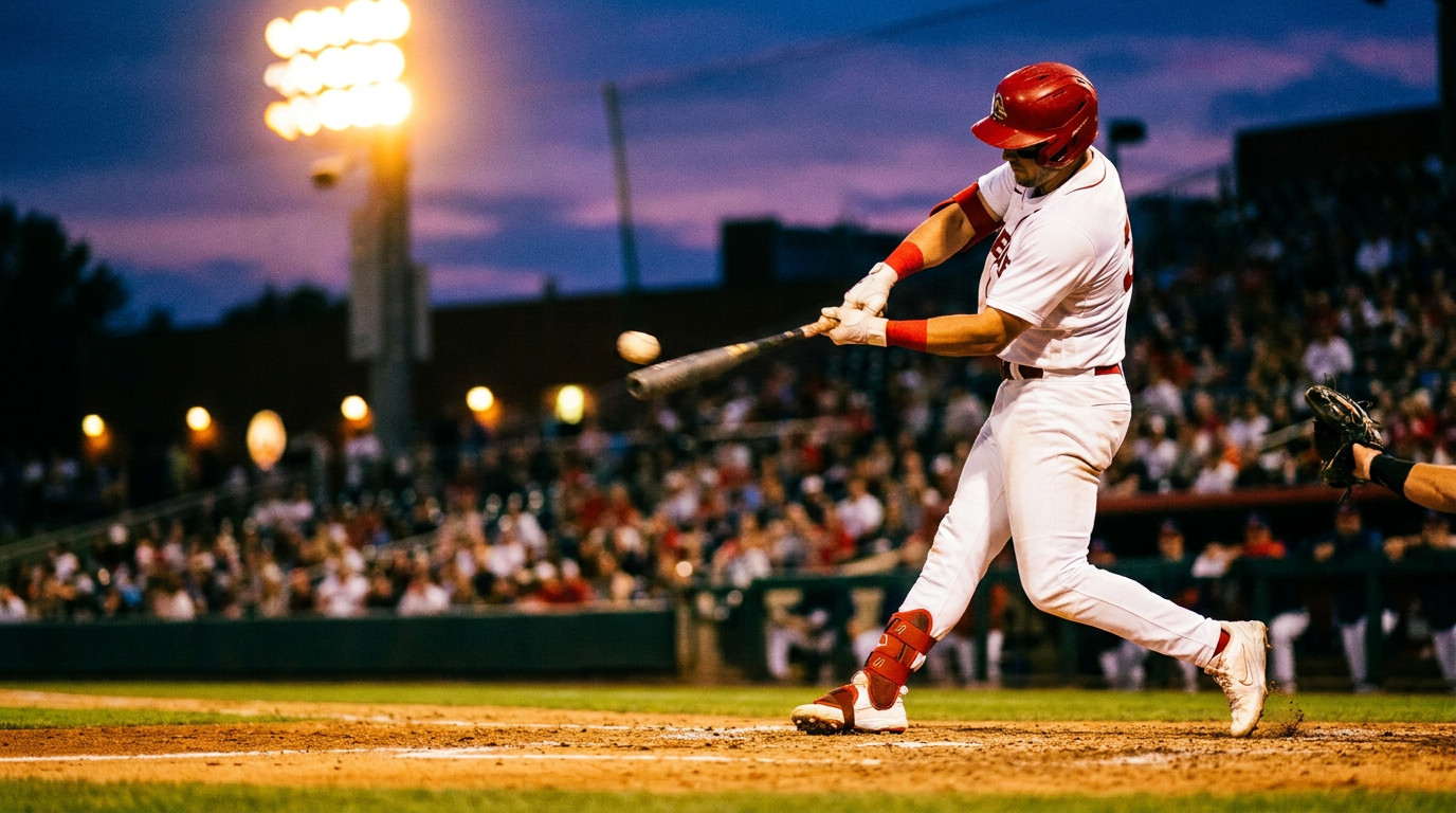 Baseball batter mid-swing under stadium lights at dusk