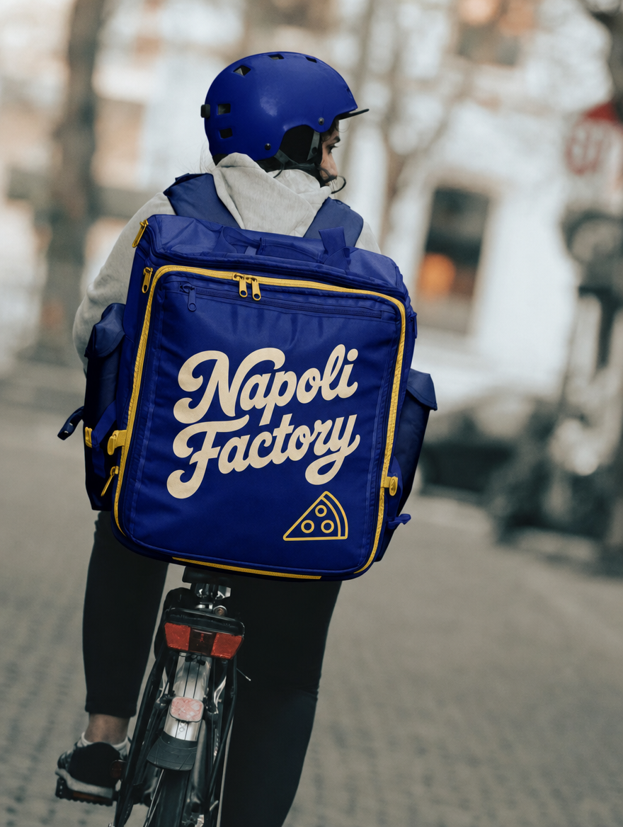 Livreur à vélo portant un sac Napoli Factory bleu et jaune