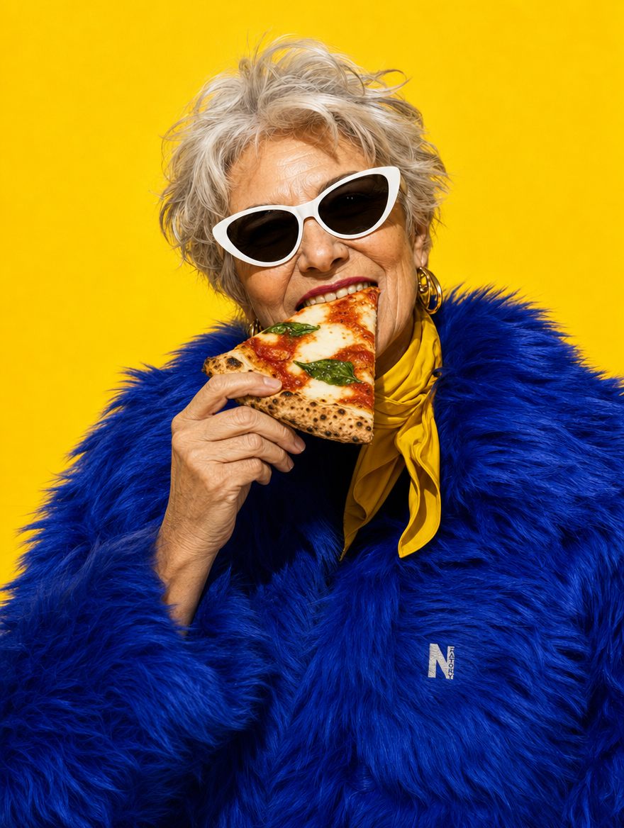 Une femme aux lunettes rétro savoure une pizza