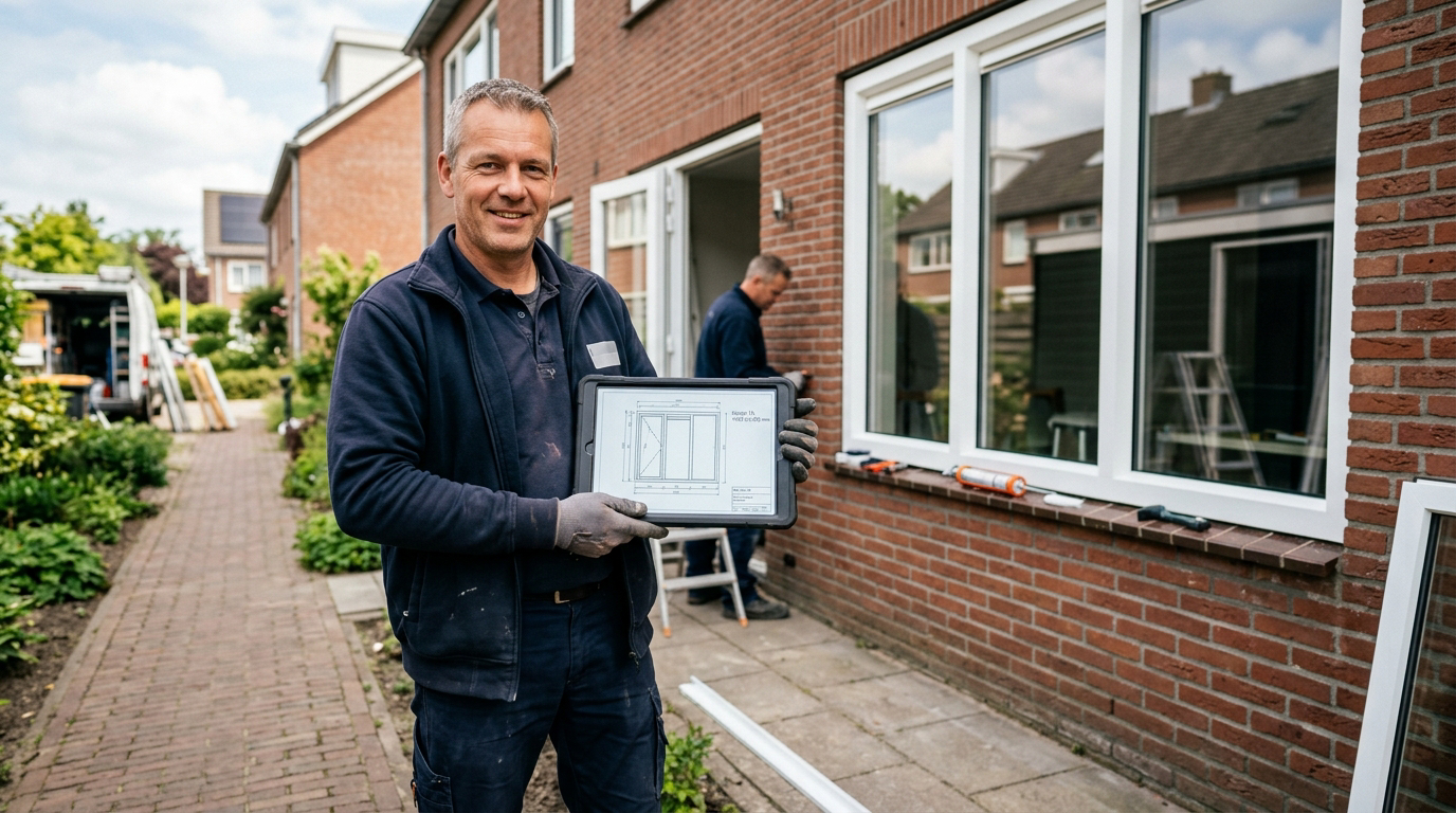 Monteur bekijkt een kozijntekening op zijn tablet bij een woning