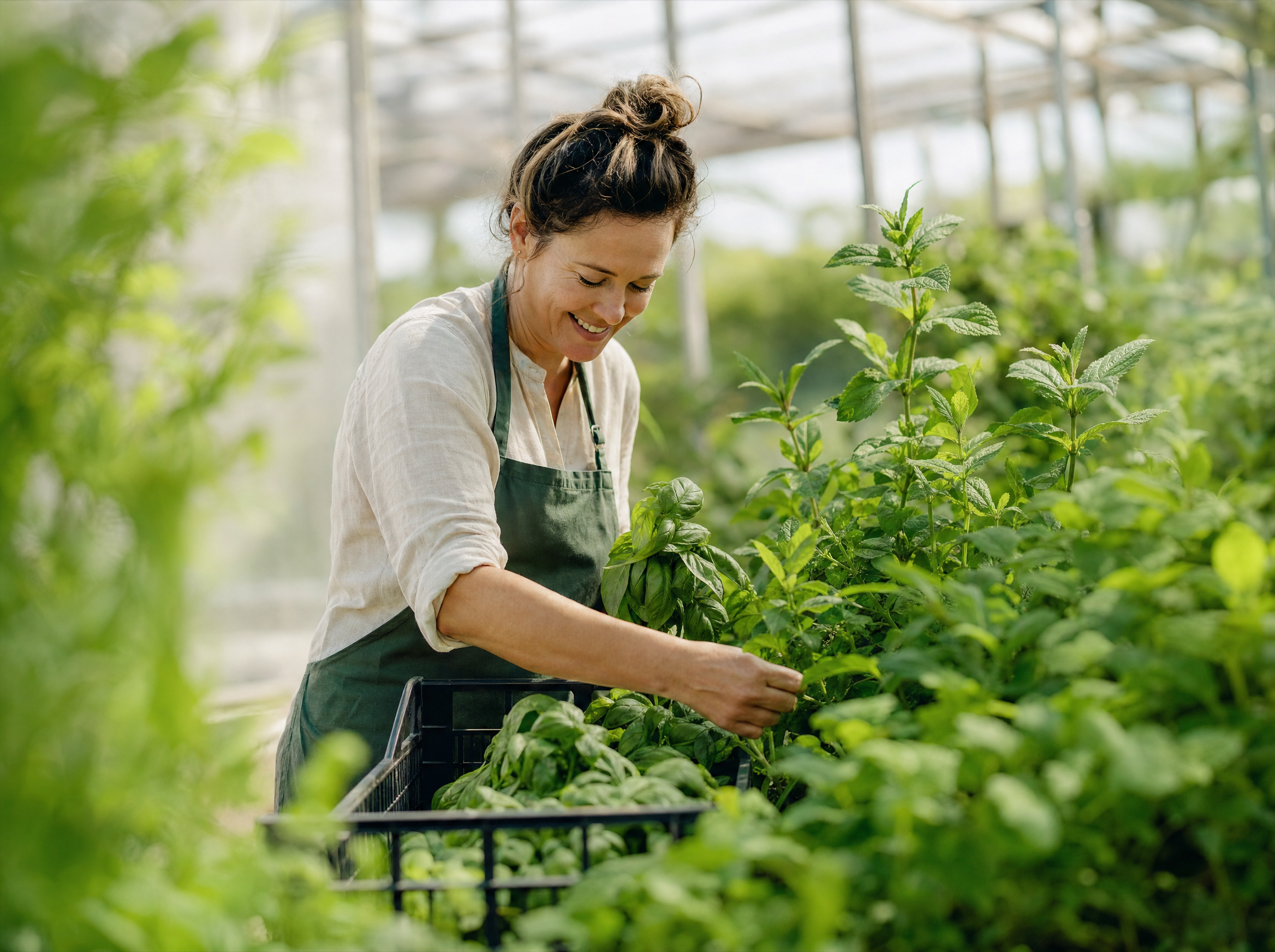 Australian herb grower harvesting fresh basil in a sunlit greenhouse
