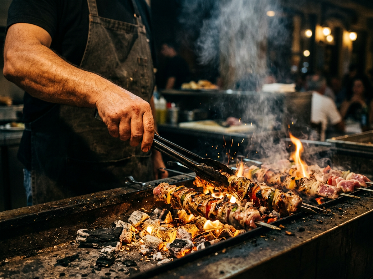 Souvlaki sur le grill au charbon