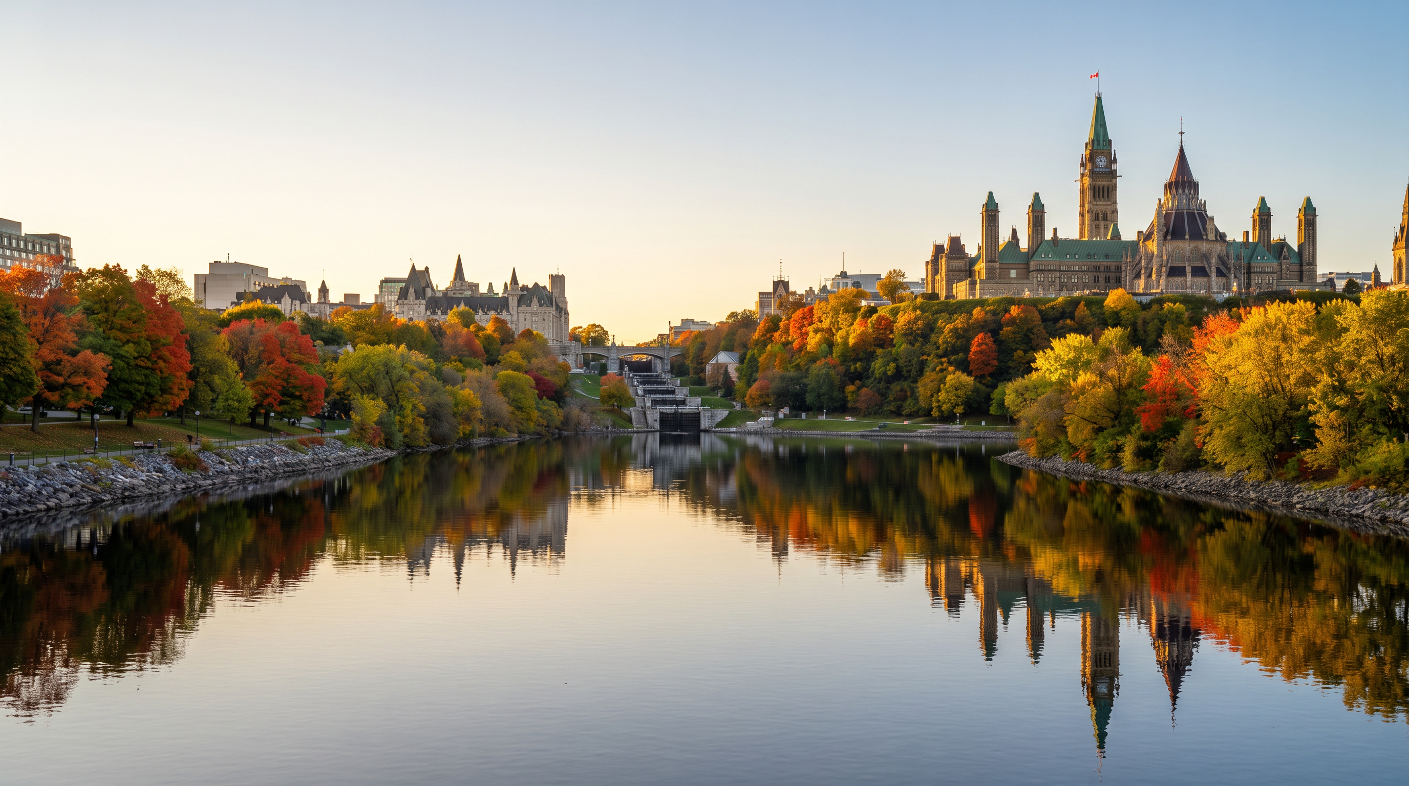 Golden hour view of Parliament Hill and the Ottawa River, representing Ottawa homes for sale